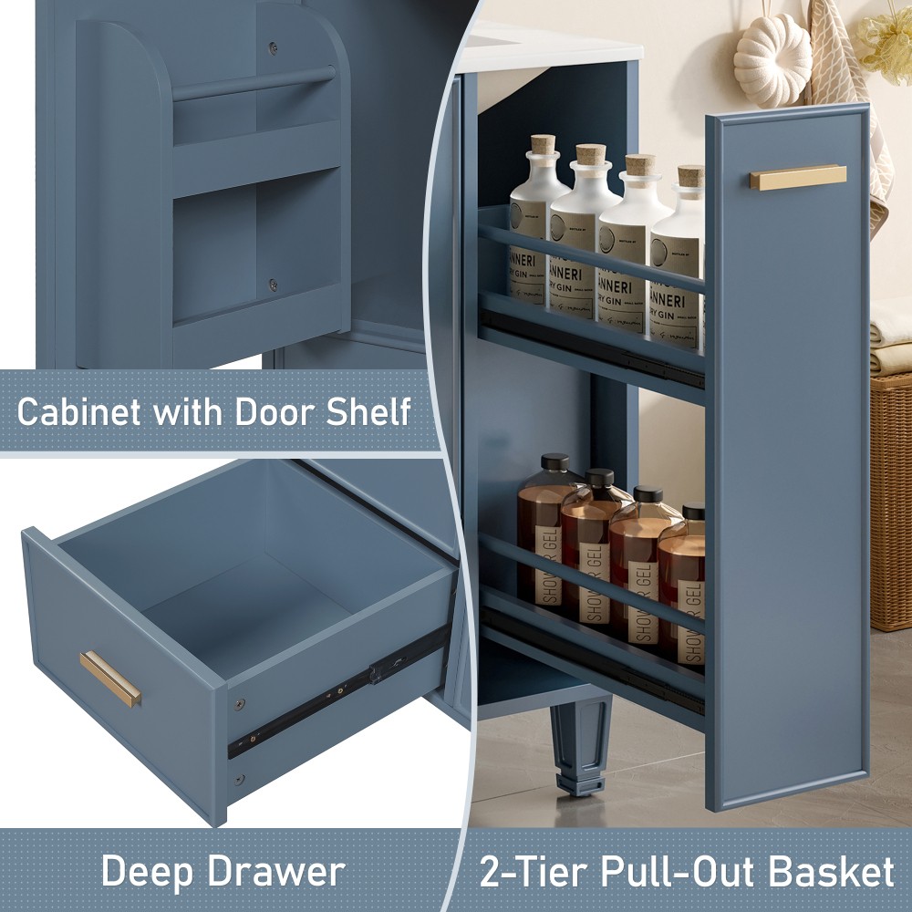 24″ Grey Blue Bathroom Vanity with Ceramic Sink Solid Wood Frame MDF Board