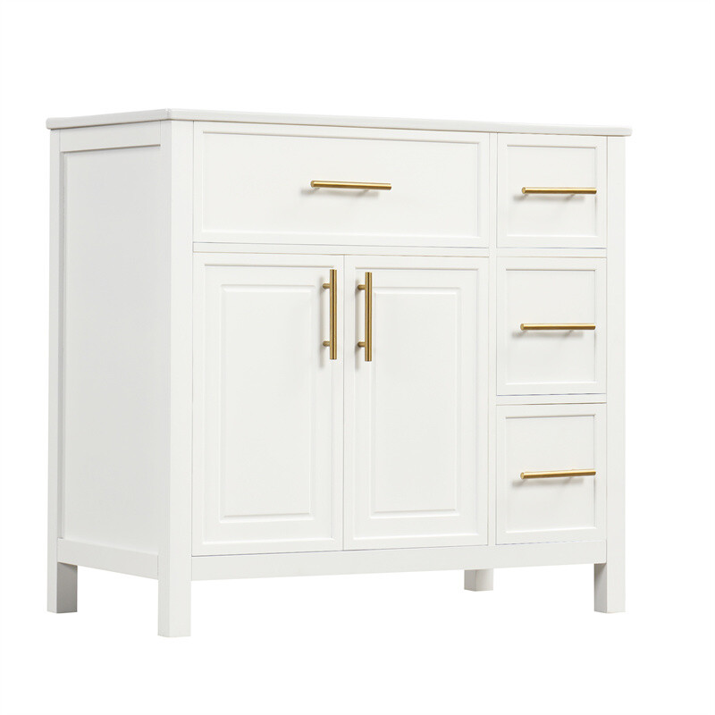 36″ White Bathroom Vanity w/Ceramic Sink Bathroom Cabinet w/2 Doors & 3 Drawers
