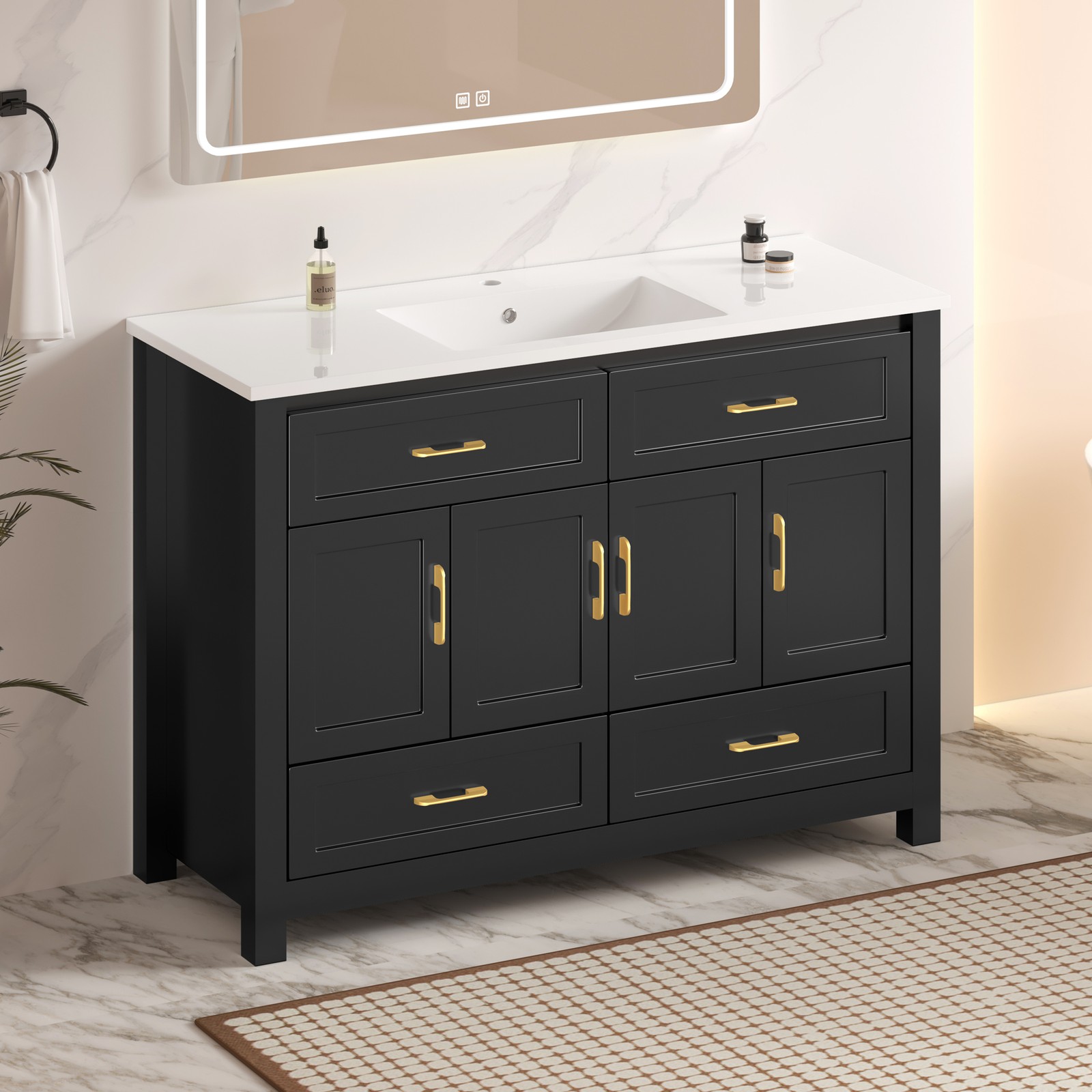 48 Inch Black Bathroom Vanity with Resin Sink and Soft-Close Doors