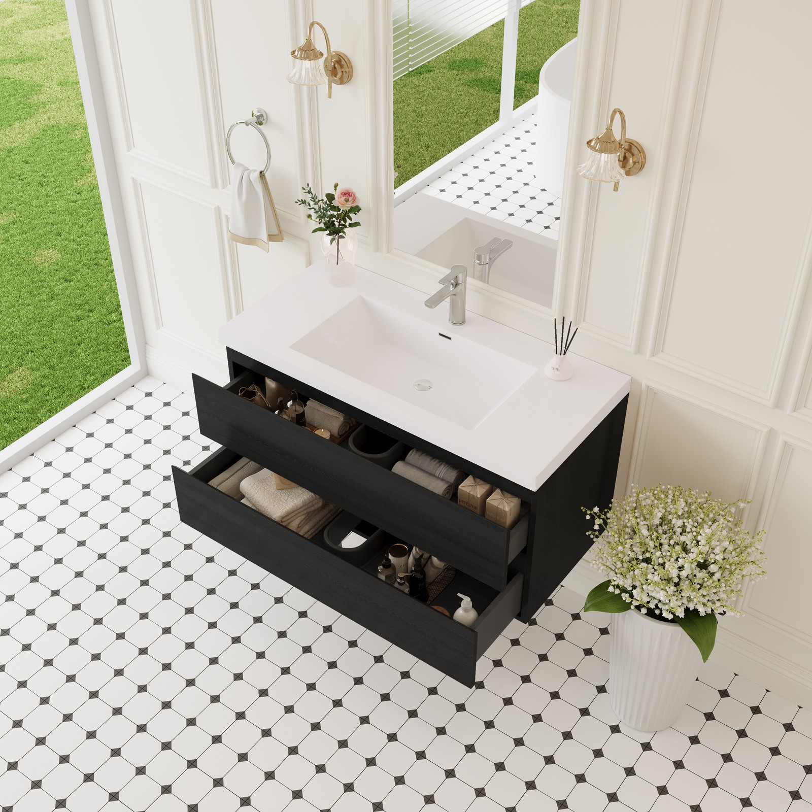 42″Floating Wall-Mounted Bathroom Vanity W/Sink Solid Surface Top Basin Espresso