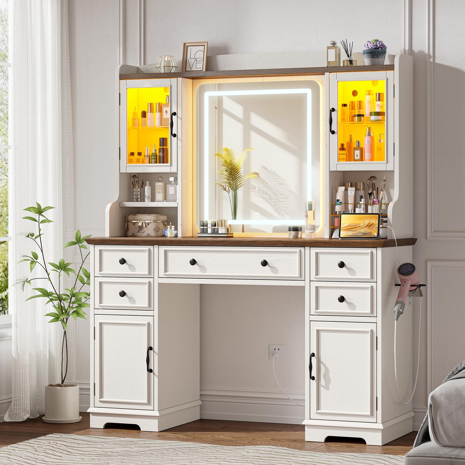 Farmhouse 43 White Vanity Desk with Mirror & LED Lights 5 Drawers RGB Cabinets