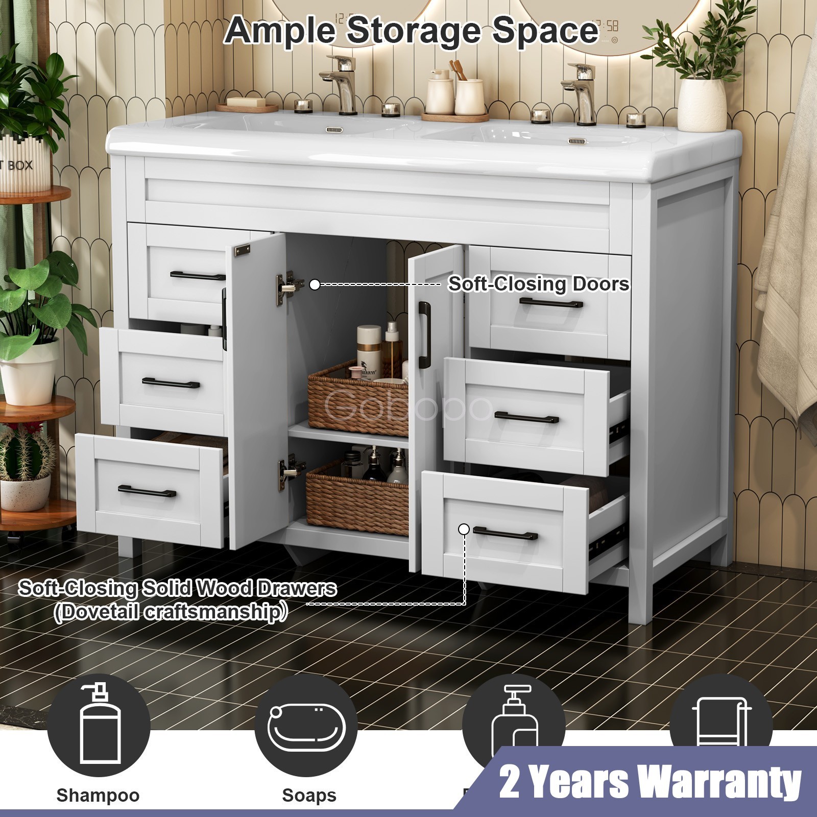 47″ Bathroom Double Sink Vanity Cabinet Ceramic W/ Double Sink Cabinet White