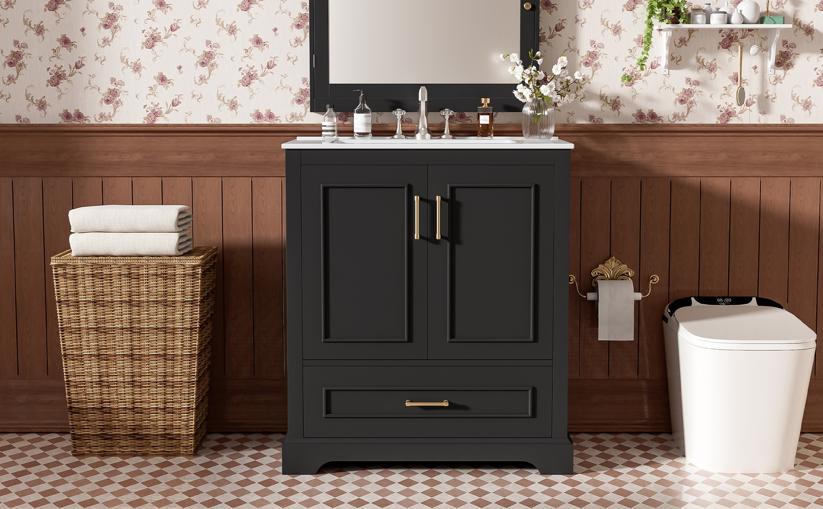 30″ Bathroom Vanity w/ Sink, Black, Soft-Close Doors & Drawer, Solid Wood+MDF