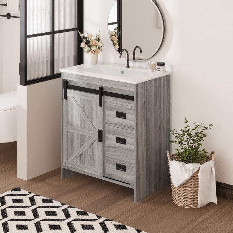 HOMMOW Farmhouse Single Bathroom Vanity with Top,Sliding Barn Door Sink Vanity