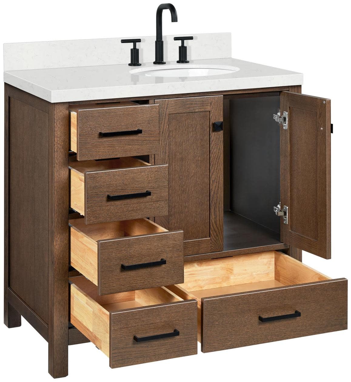 Ariel A036SRCQOVO Cambridge 36″ – Brown Oak / Carrara White Quartz / Satin Brass