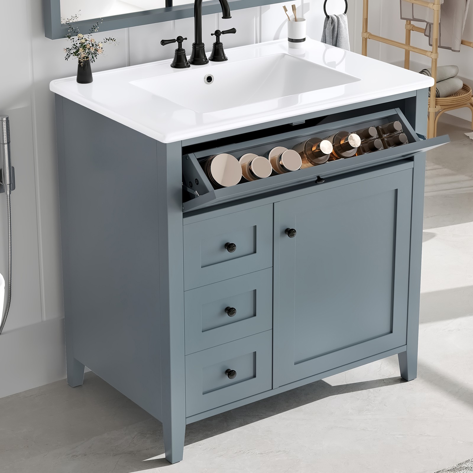 30″ Blue Gray Bathroom Vanity with Sink, 3 Drawers & Cabinet