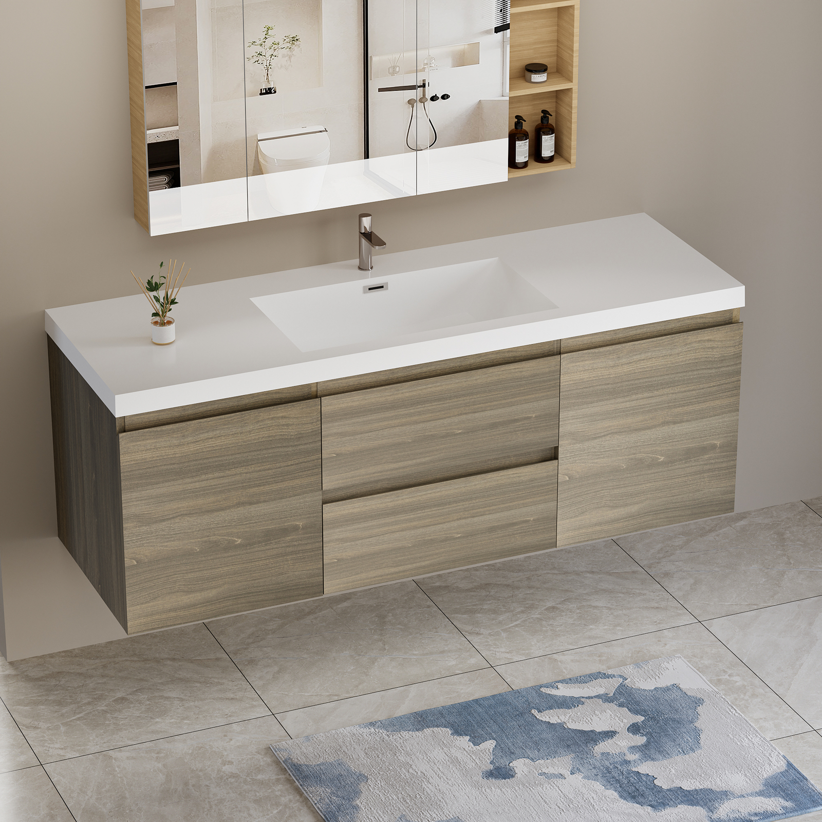 60″ Floating Wall-Mounted Bathroom Vanity with Resin Sink Drawers Doors Ash Grey