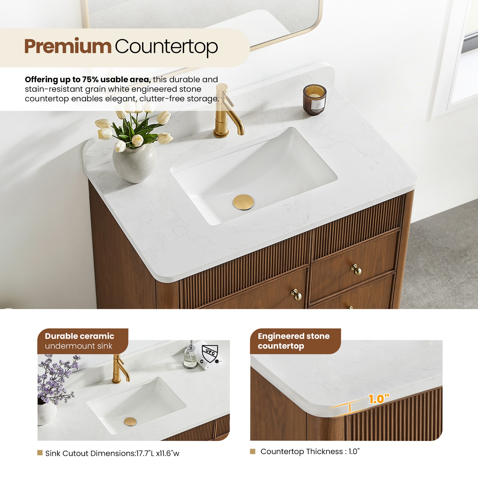 Zogno 36″ Single Sink Bath Vanity in Natural Walnut with White Grain Stone Top