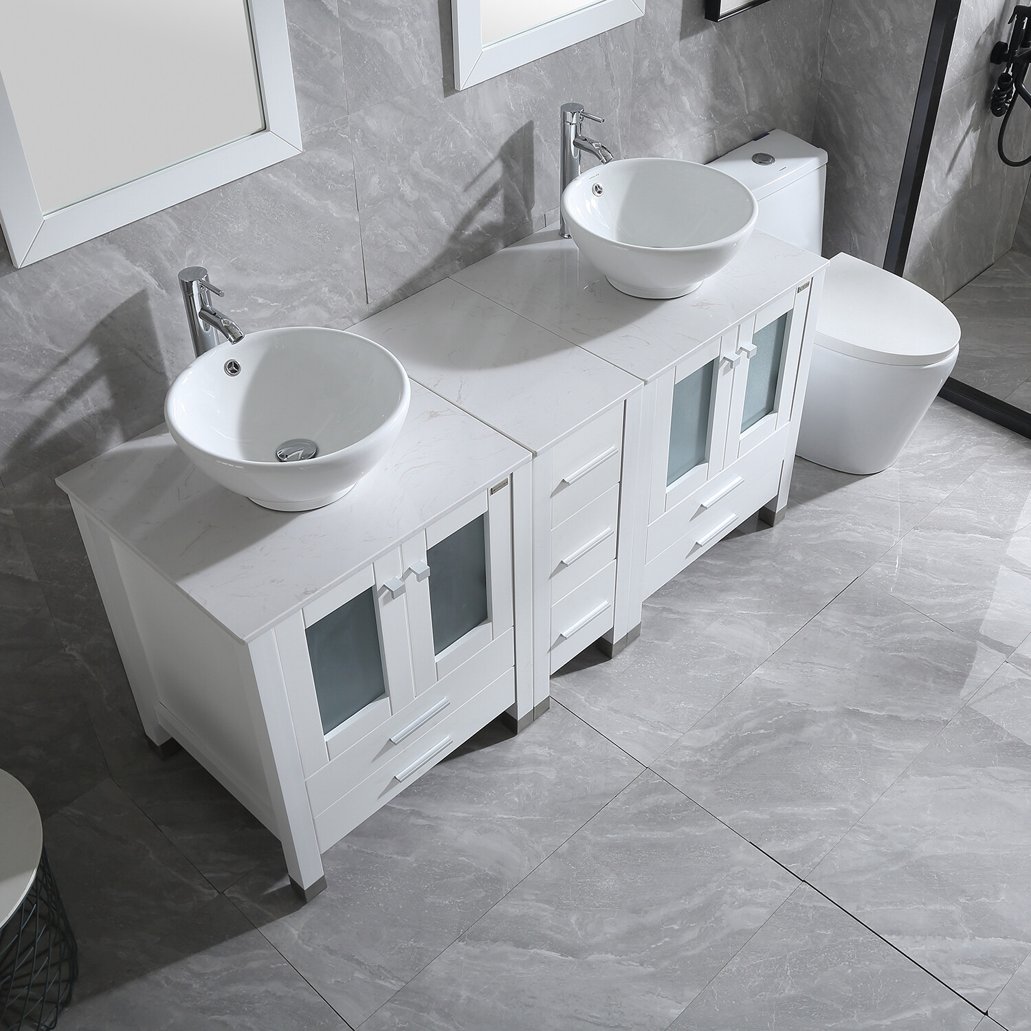 60″ Bathroom Vanities White Drawer Cabinet Ceramic Vessel Sinks w/ Faucet Combo