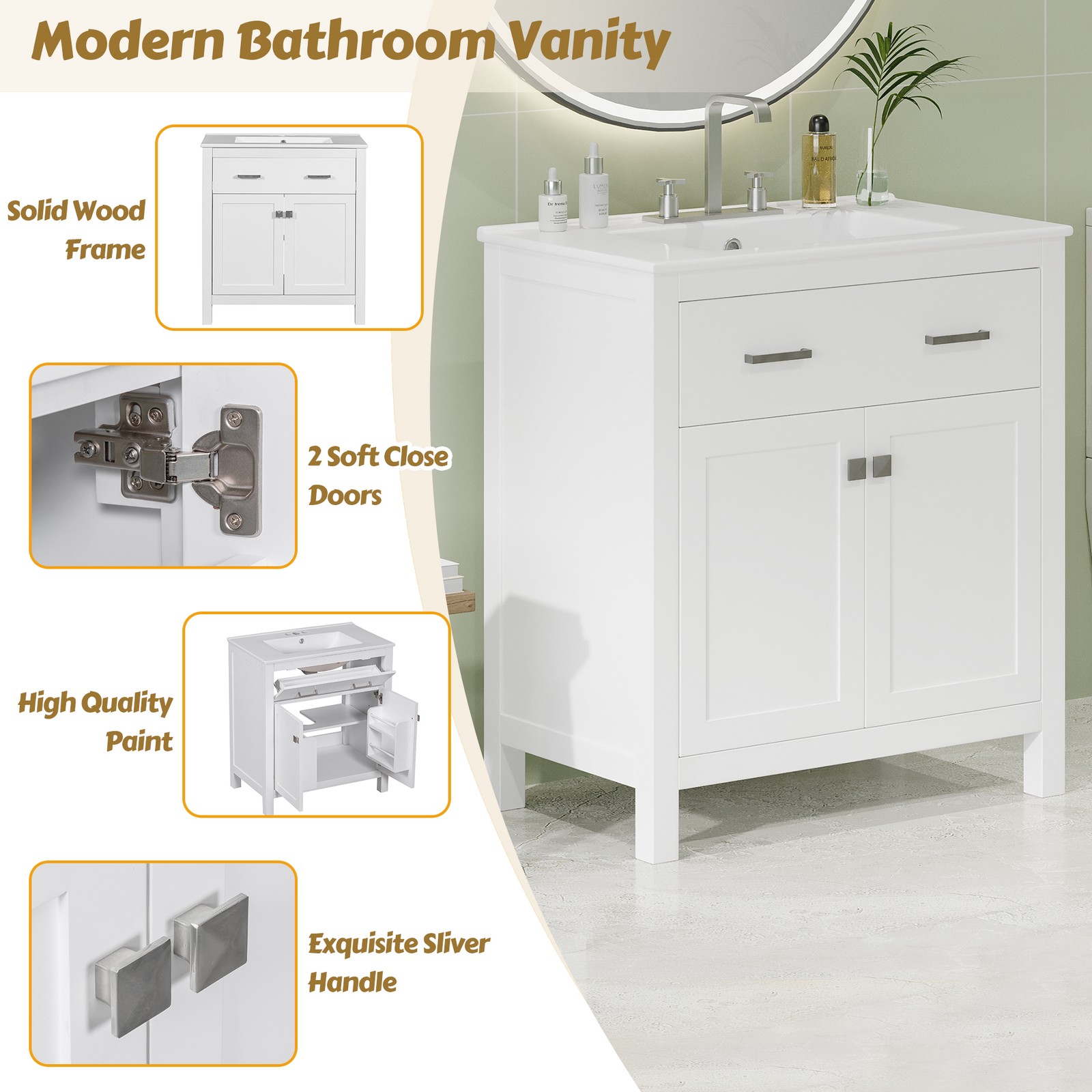 30-inch Bathroom Vanity with Ceramic Sink, Modern White Single Bathroom Cabinet