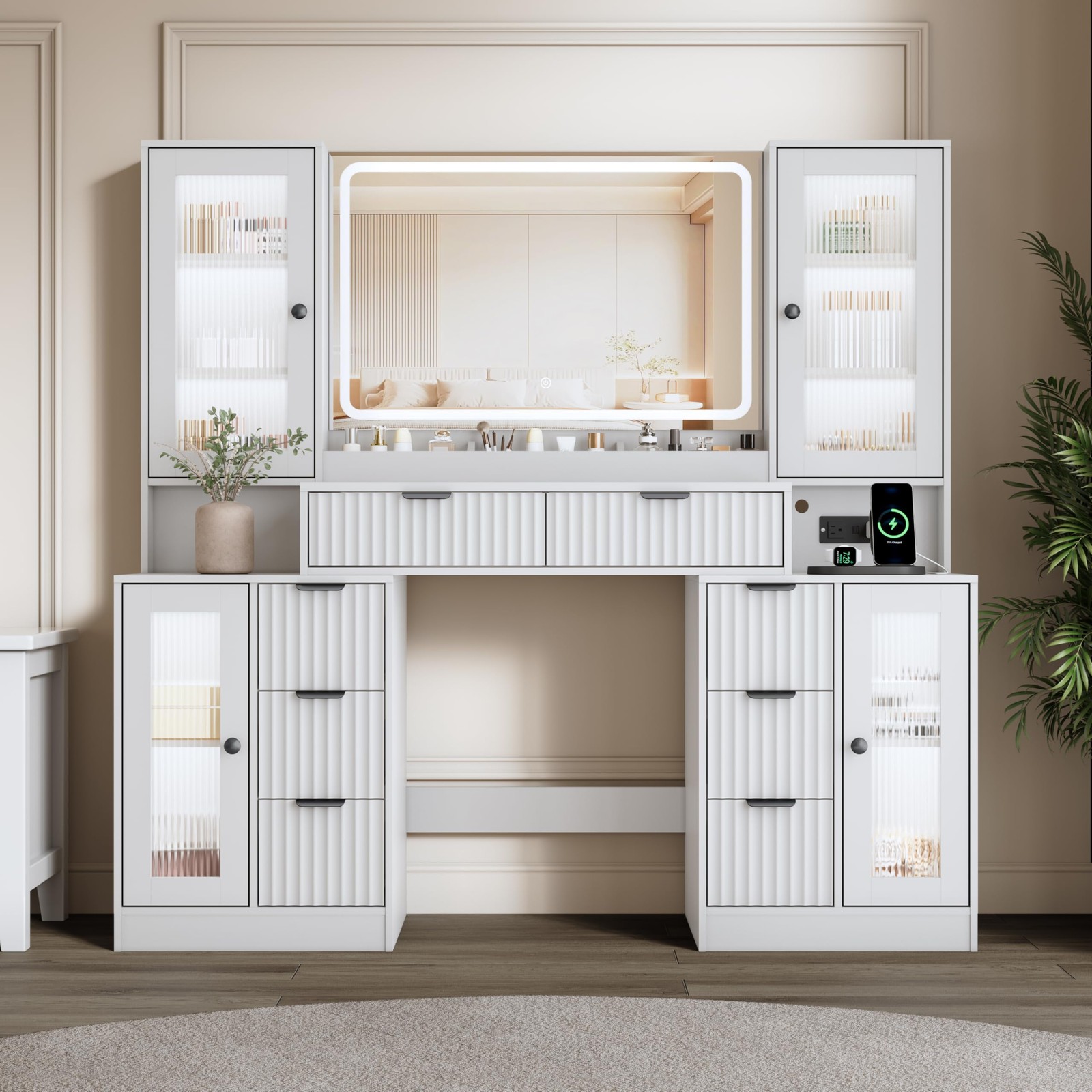 55 Vanity Desk w/ 3-Color Lighted Mirror 8 Drawers 4 Cabinets Charging Station
