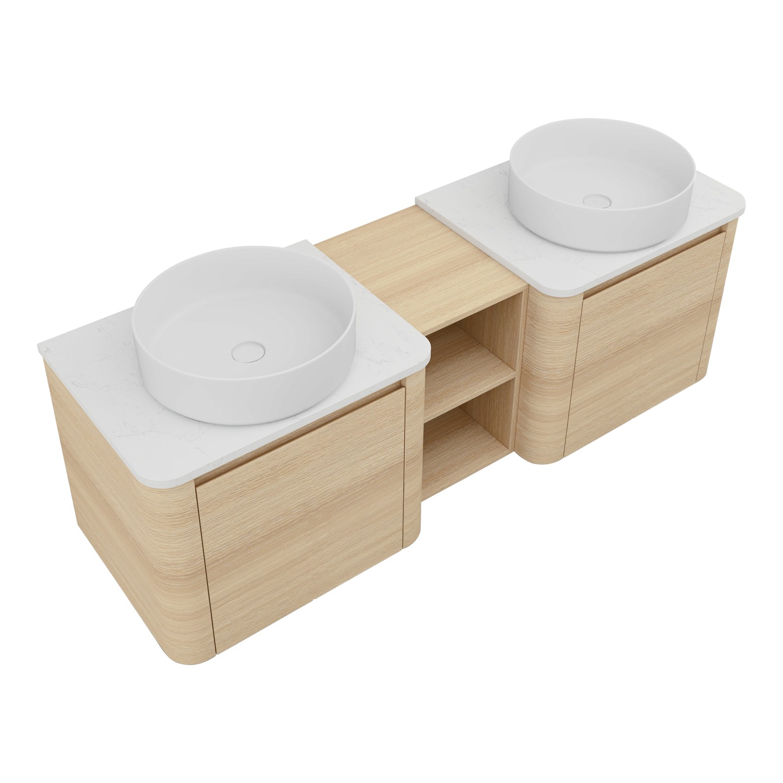 60 in Floating Bathroom Vanity Cabinet 2x White Ceramic Sink Basin +Open Shelves