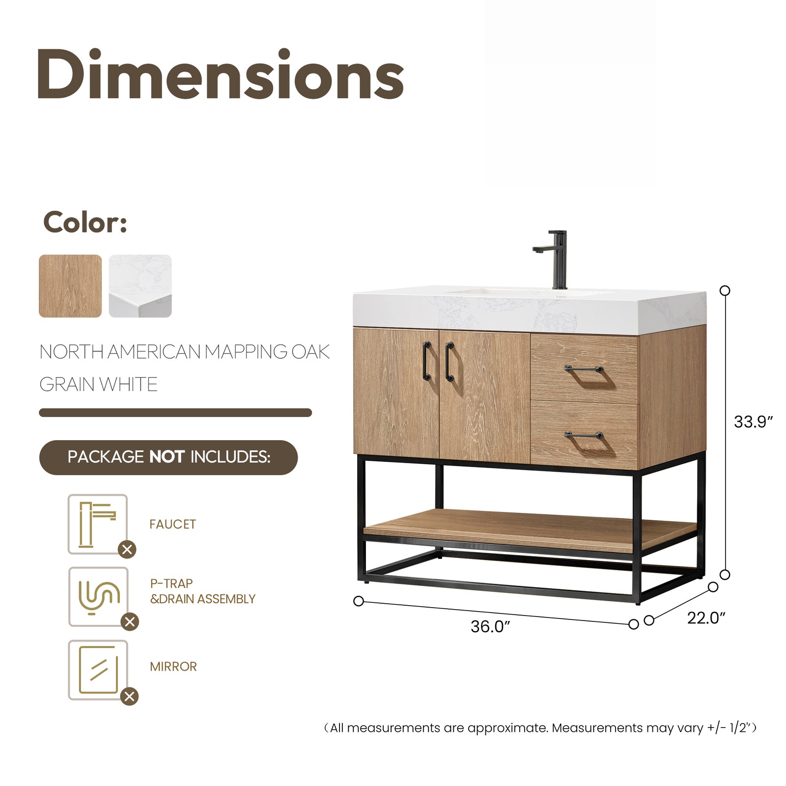 Vinnova Alistair 36″ White Stone Top Oak Single Vanity Black Frame w/o Mirror