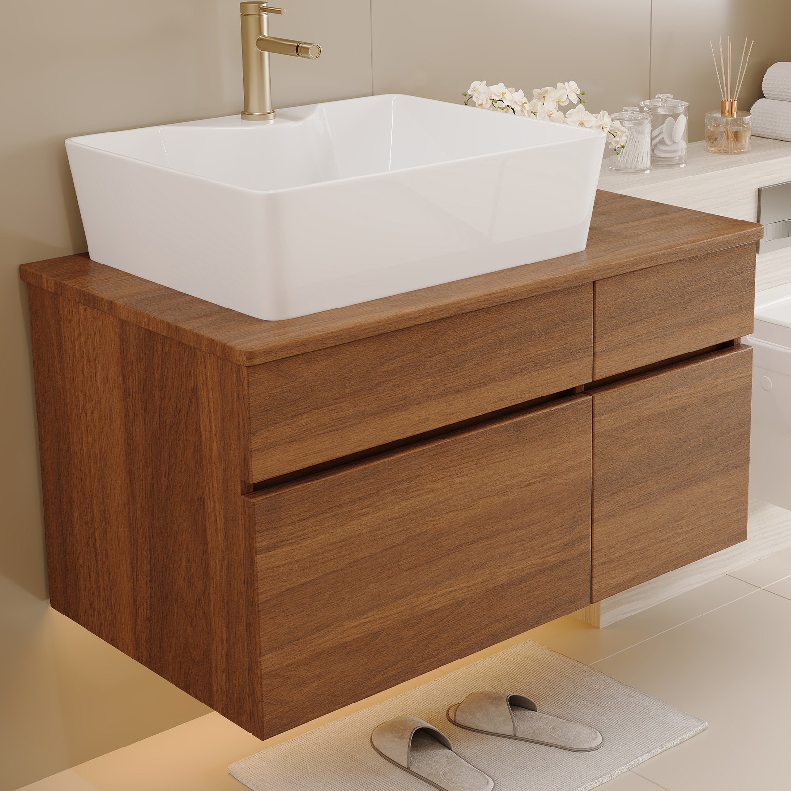 31.5In Plywood Walnut Floating Wall-Mounted Cabinet Vanity Ceramic Sink Bathroom