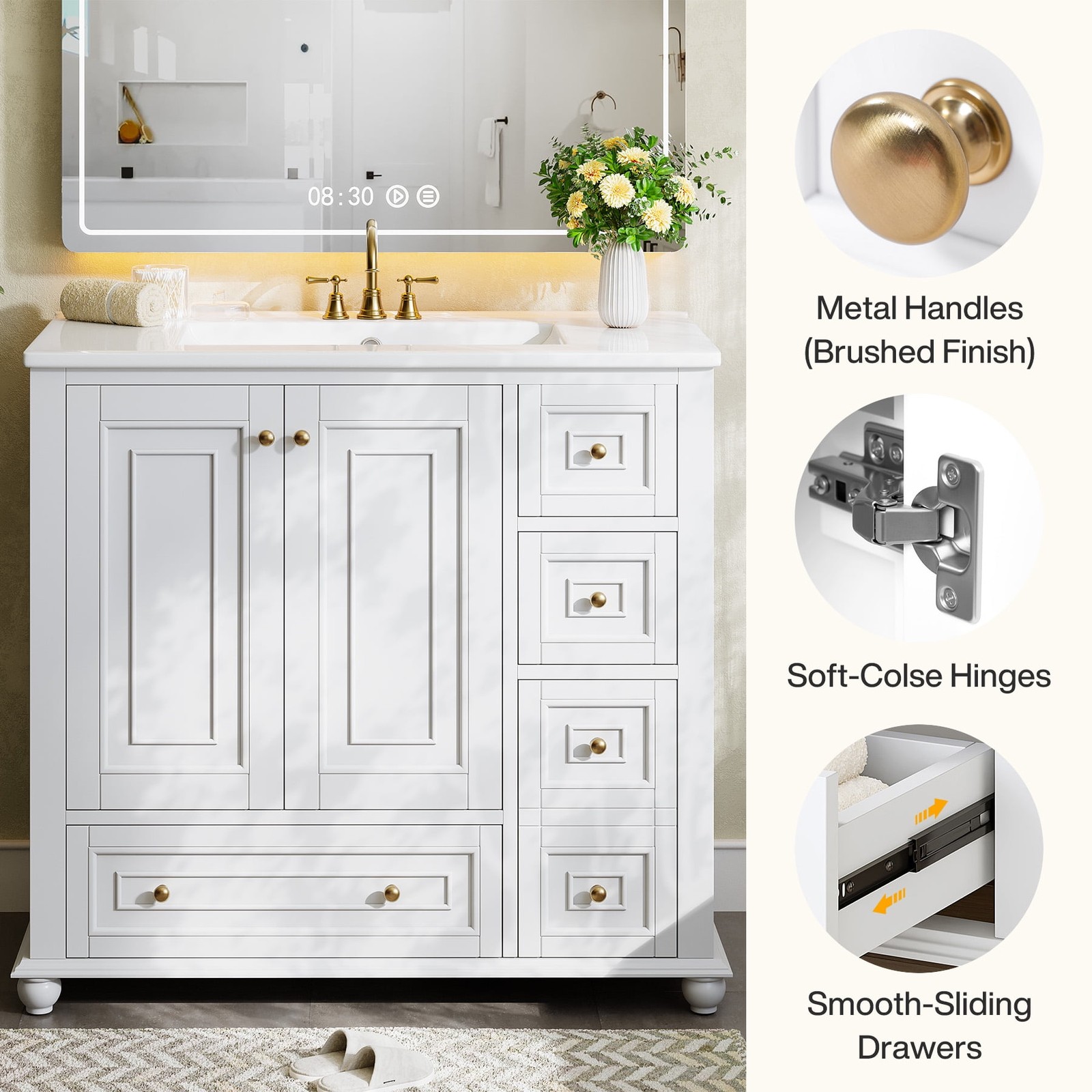 36” Bathroom Vanity with Ceramic Sink，Modern Wood Storage Cabinet with Drawers