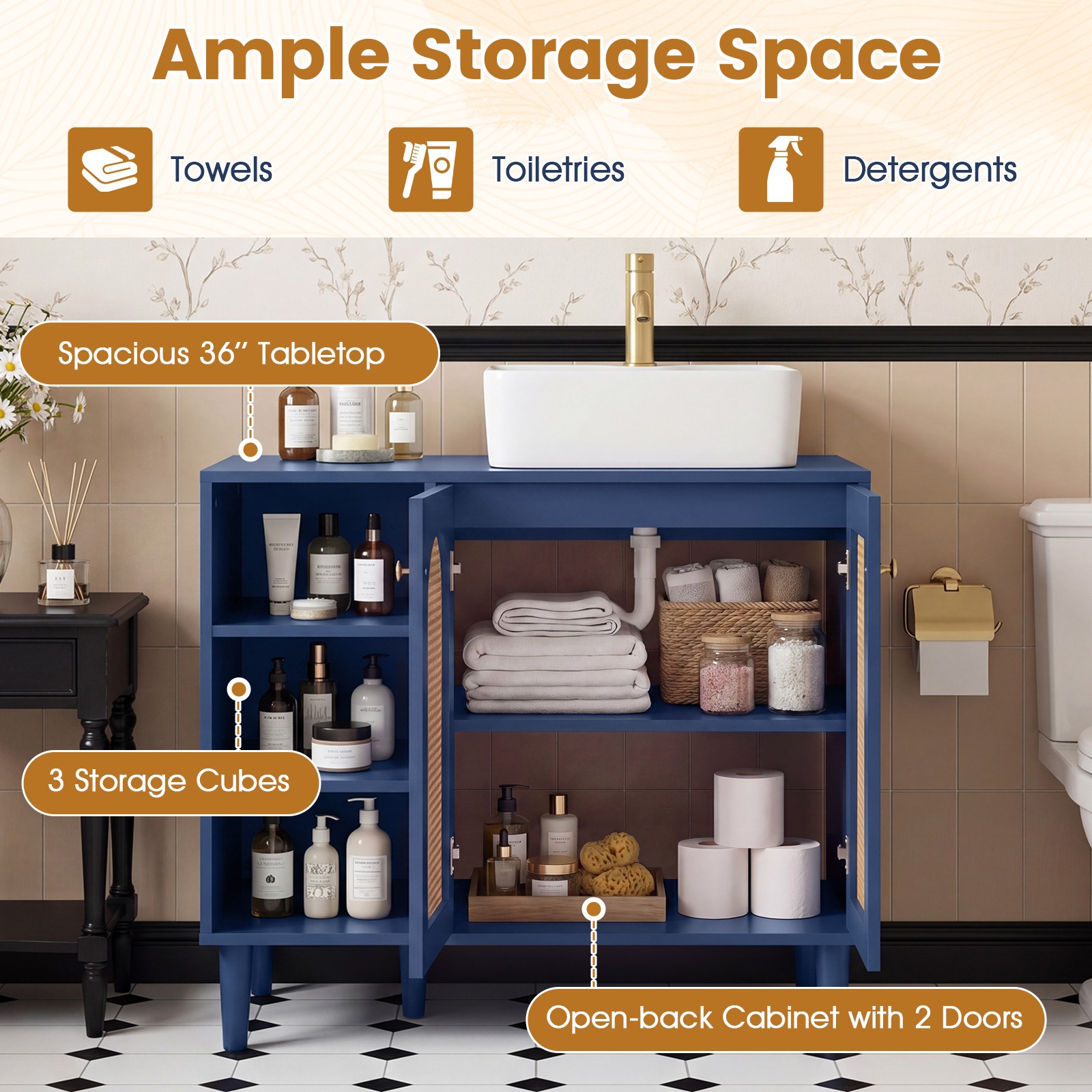36” Under Sink Cabinet, Boho Sink Base Cabinet w/Rattan Doors, Rubber Wood Legs