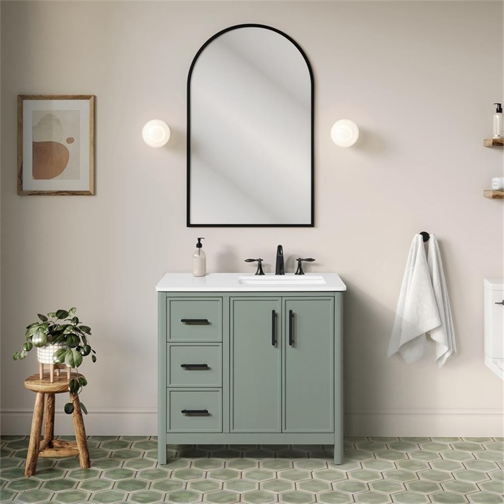 Pemberly Row 36″ Bathroom Vanity in Sage Green with White Countertop