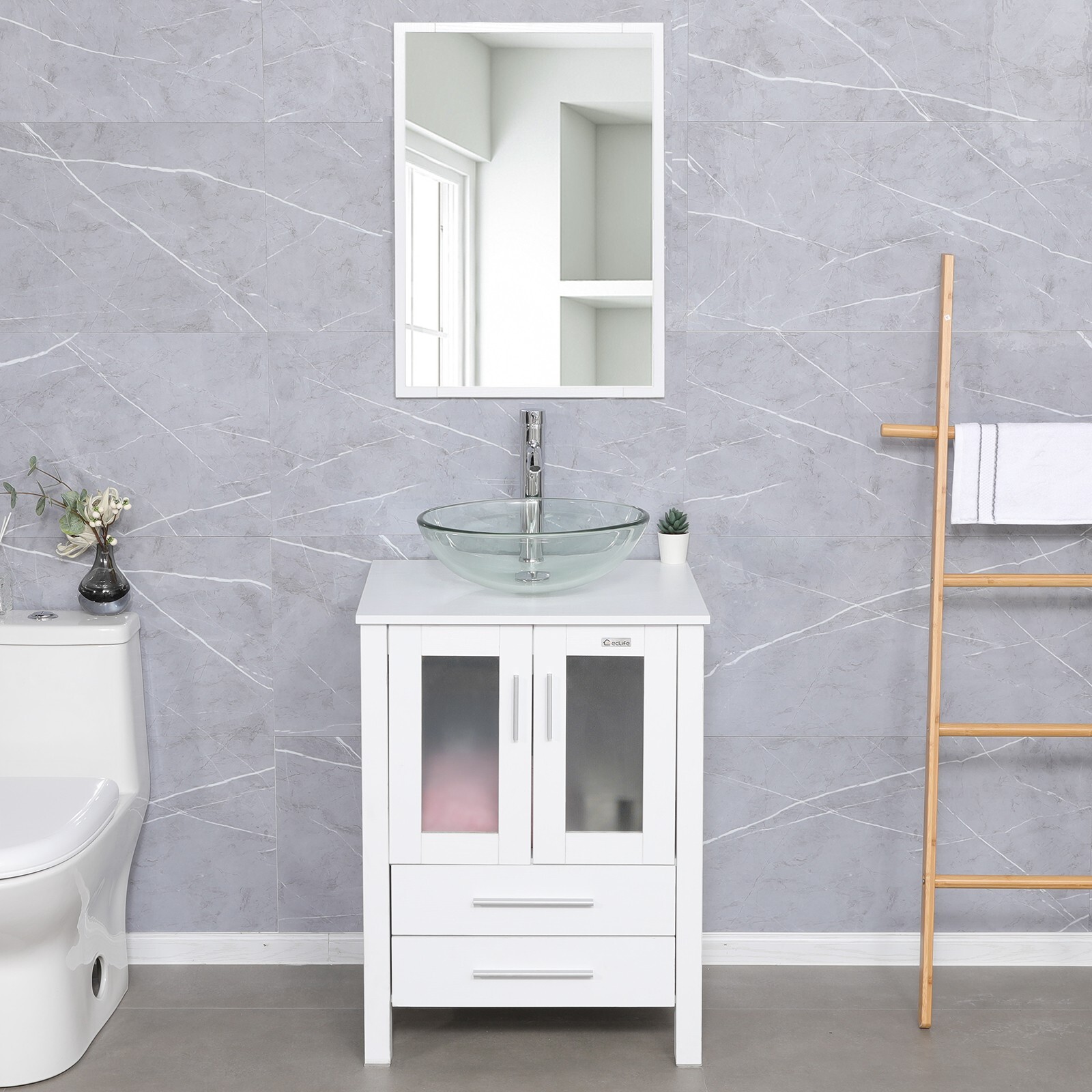24″ White Bathroom Vanity Set Tempered Clear Glass Vessel Sink Combo No Mirror