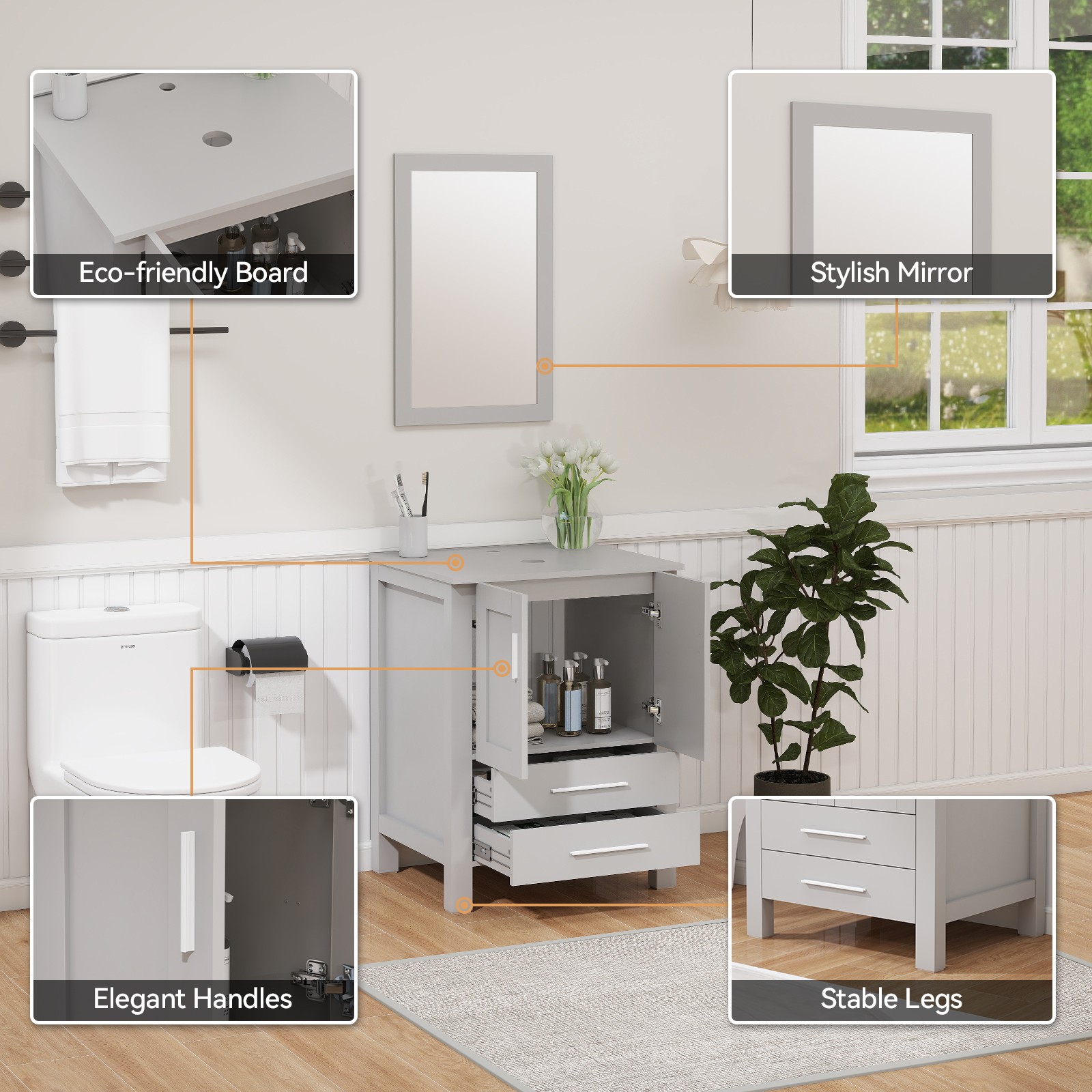 Modern 24″ Vanity Set with Black Ceramic Sink | Cabinet + Drawer Storage