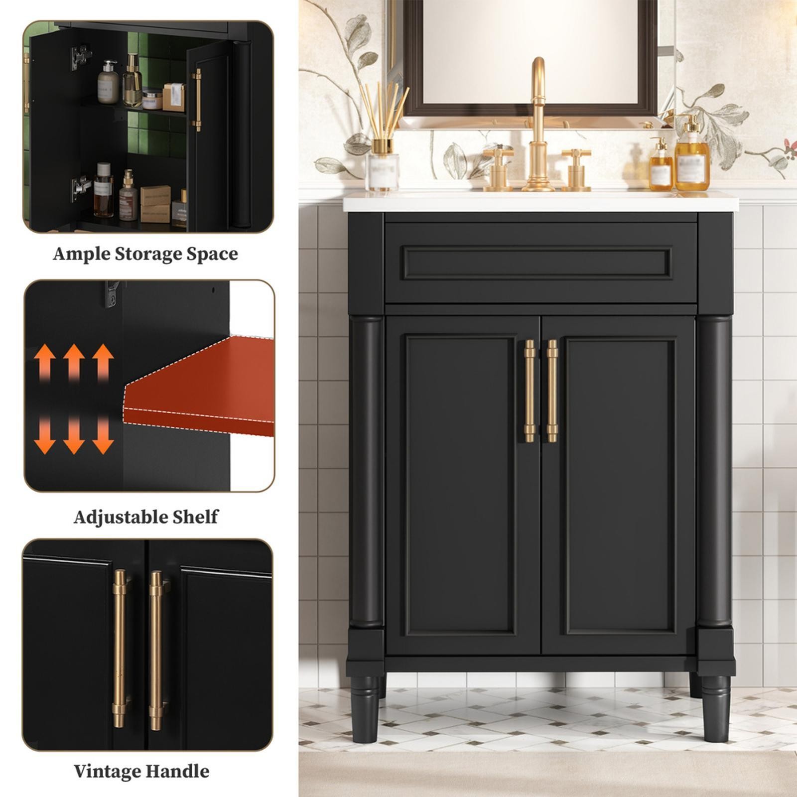 Elegant 24″ Bathroom Vanity with Solid-Wood Durability, Adjustable Storage &