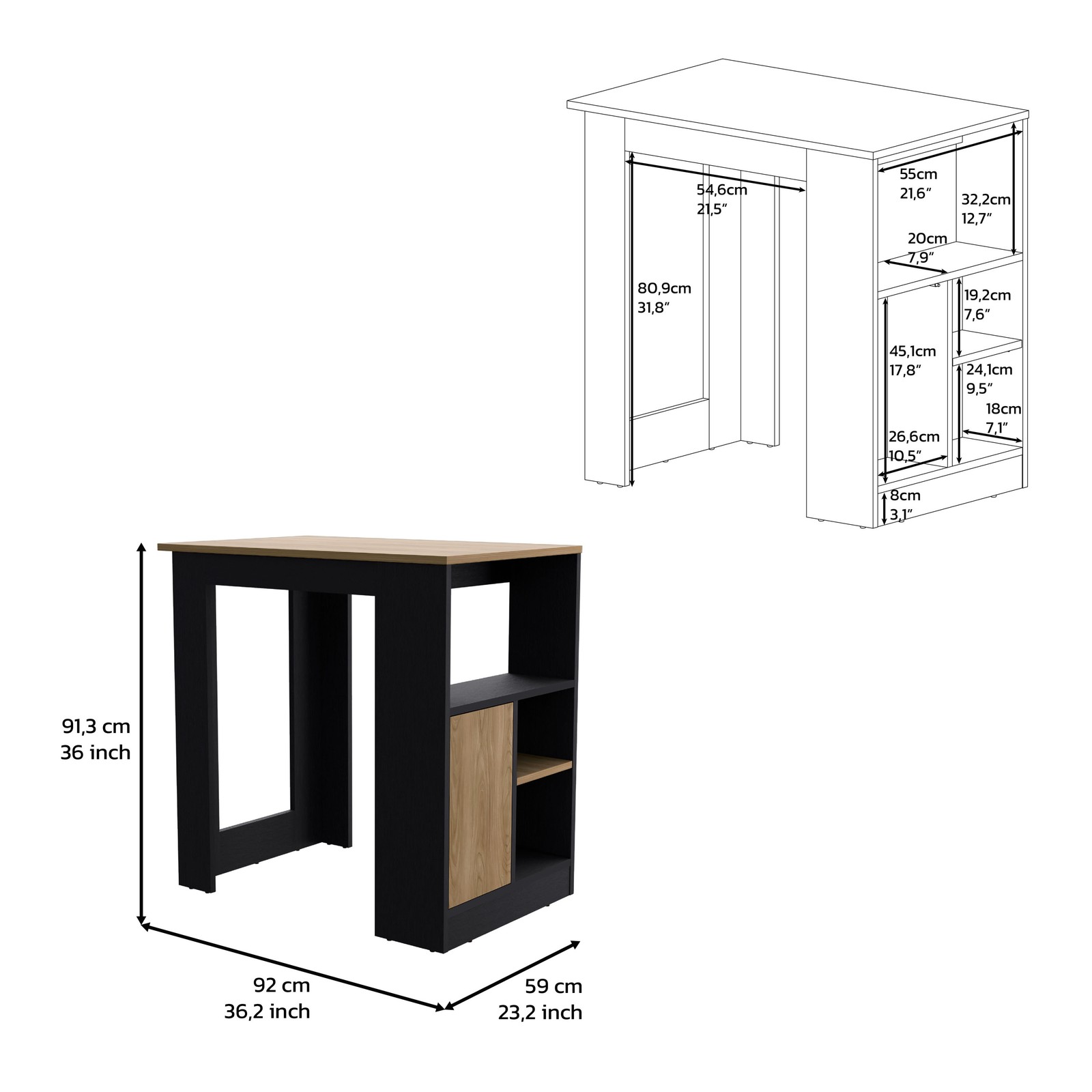 Kitchen Island 36″ H, Three Open Side Storage Shelves