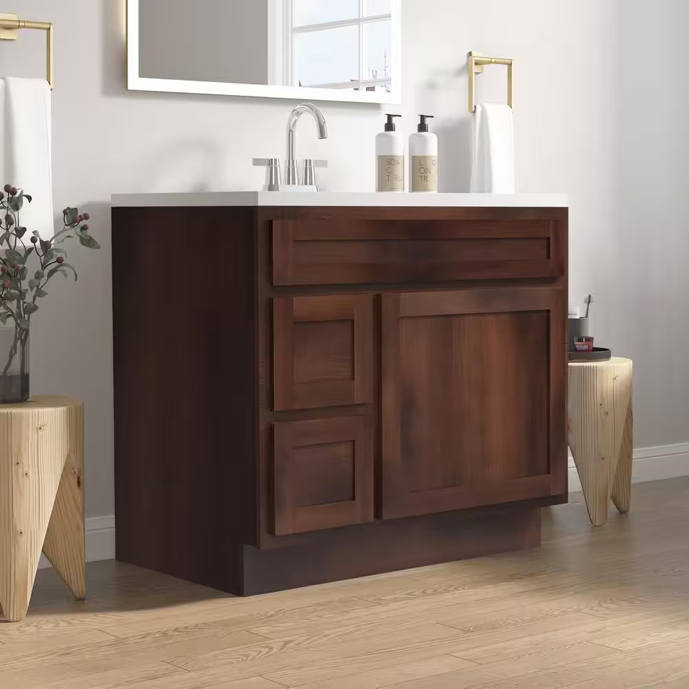 36 In. W X 21 In. D X 32.5 In. H 2-Left Drawers Bath Vanity Cabinet Only in Brow