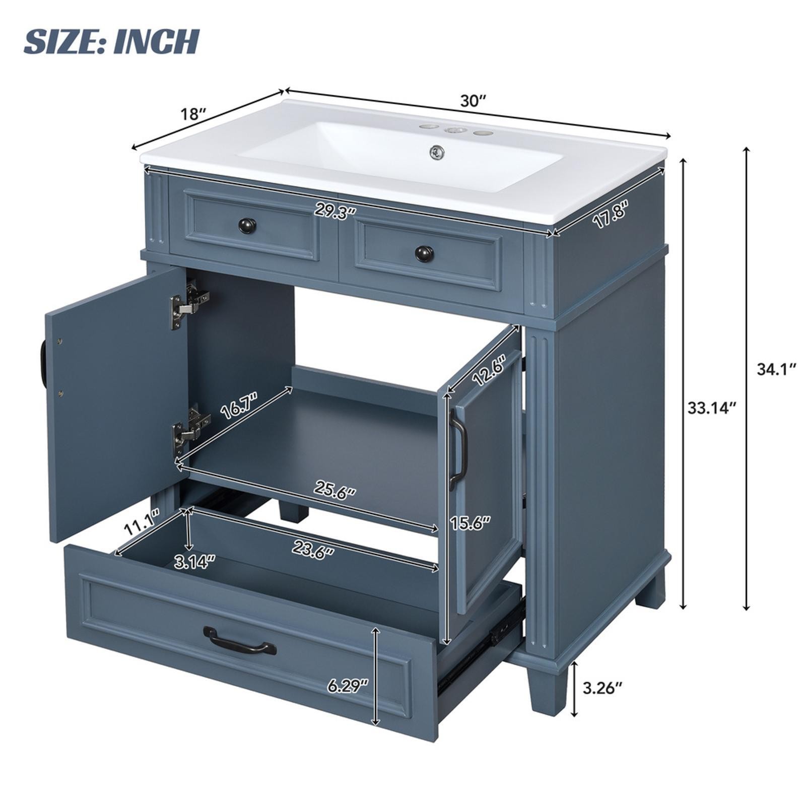 30” Bathroom Vanity in Retro Blue, Solid Wood Frame & Ceramic Sink, Ample