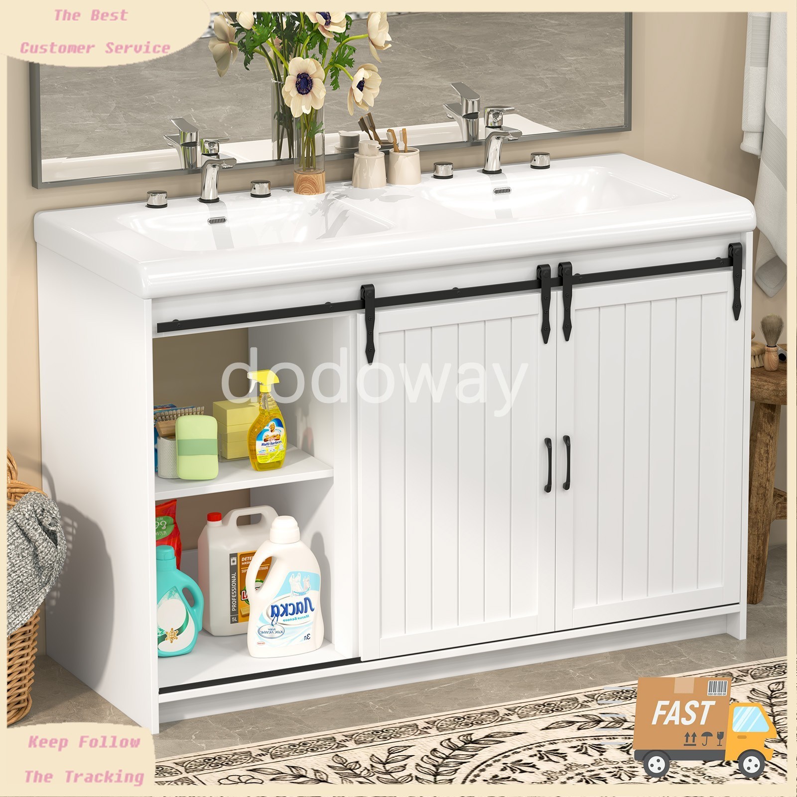 47″ Large Bathroom 2 Vanity Ceramic Sink Set Cabinet with Drawers & Cabinets