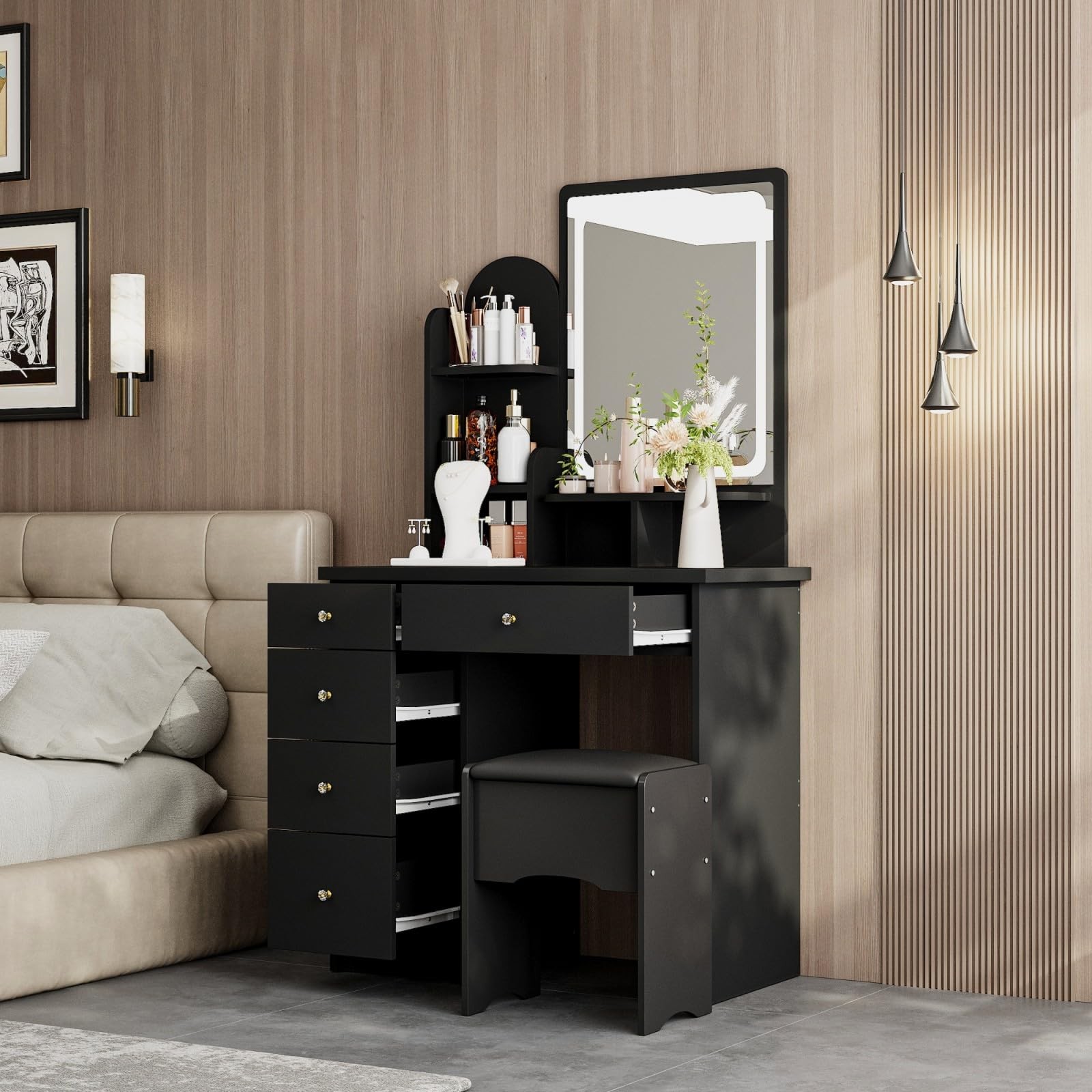 Makeup Vanity Set with Lighted Mirror 5 Drawers Dressing Table Stool Black