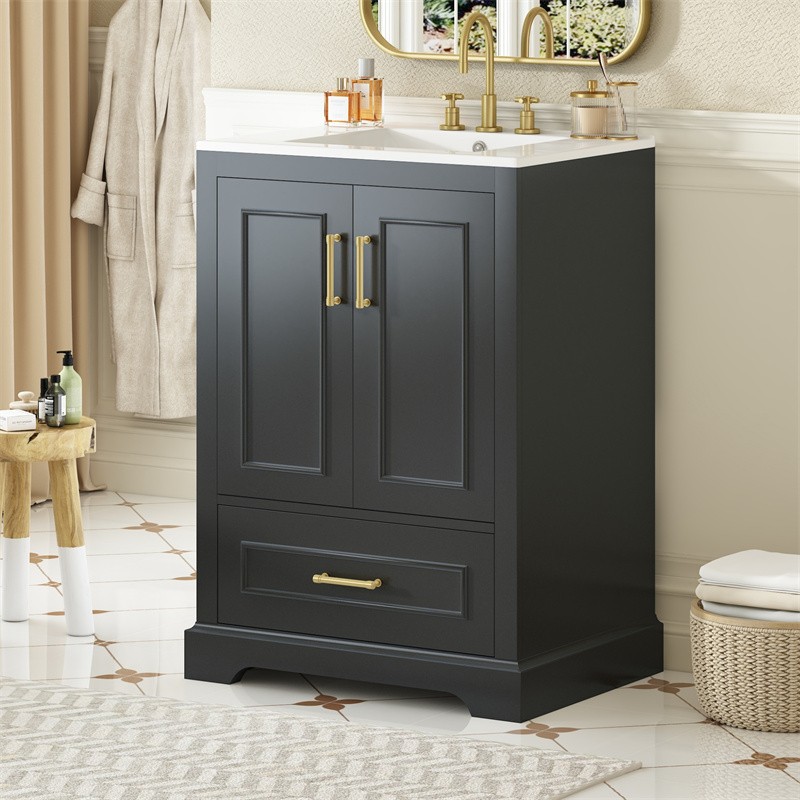 24in Black Bathroom Vanity with Ceramic Sink,Divider Drawer & 2 Soft-close Doors