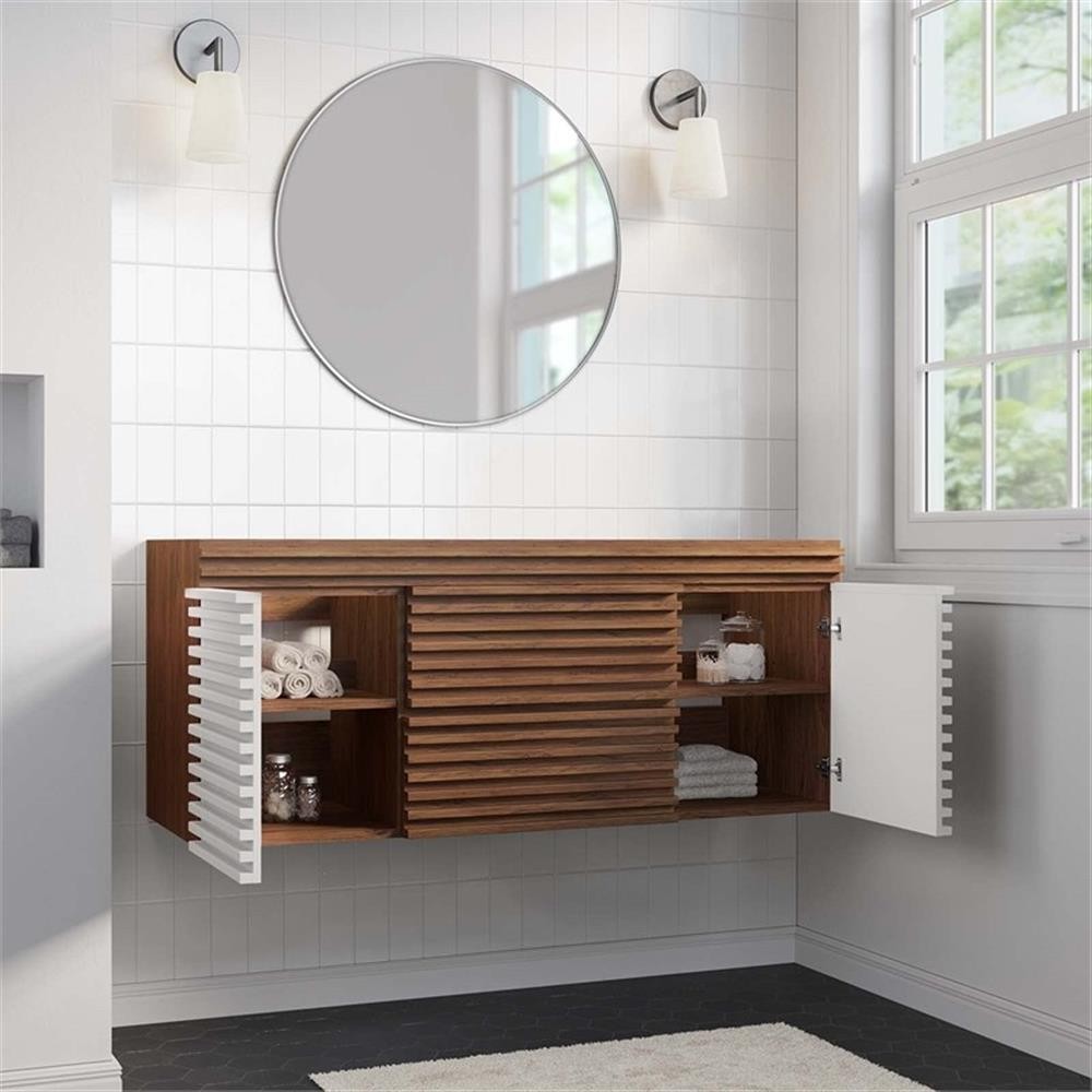 Pemberly Row 48″ MDF and Particleboard Bathroom Vanity Cabinet-White/Walnut