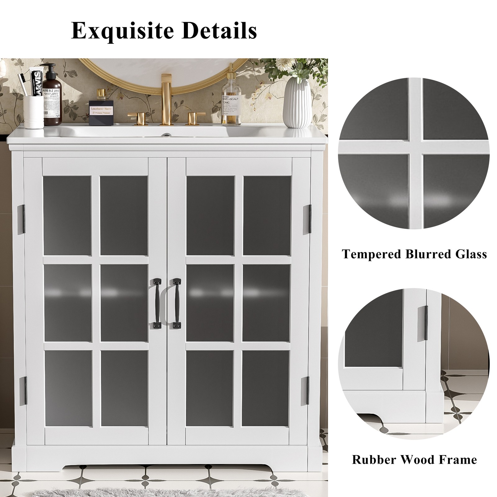 Ceramic sink, rubber-wood frame dressing table cabinet, tempered glass + handle