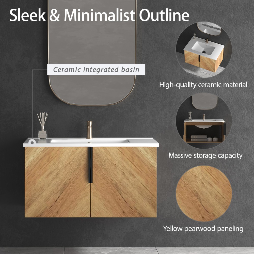 30″ Wall Mount Bathroom Vanity w/ Integrated Sink & 3D Fluted Panel