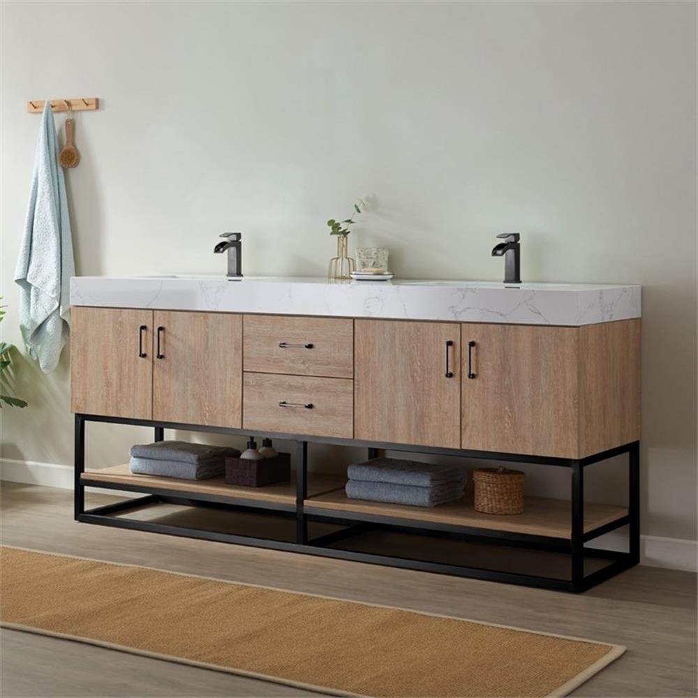 Pemberly Row 72″ White Stone Top Oak Double Vanity Black Frame w/o Mirror