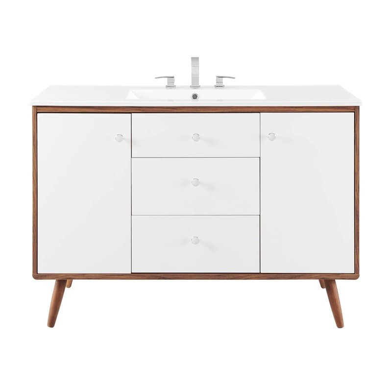 White Mid Century Modern Walnut Bathroom Vanity Ceramic Sink Single Double