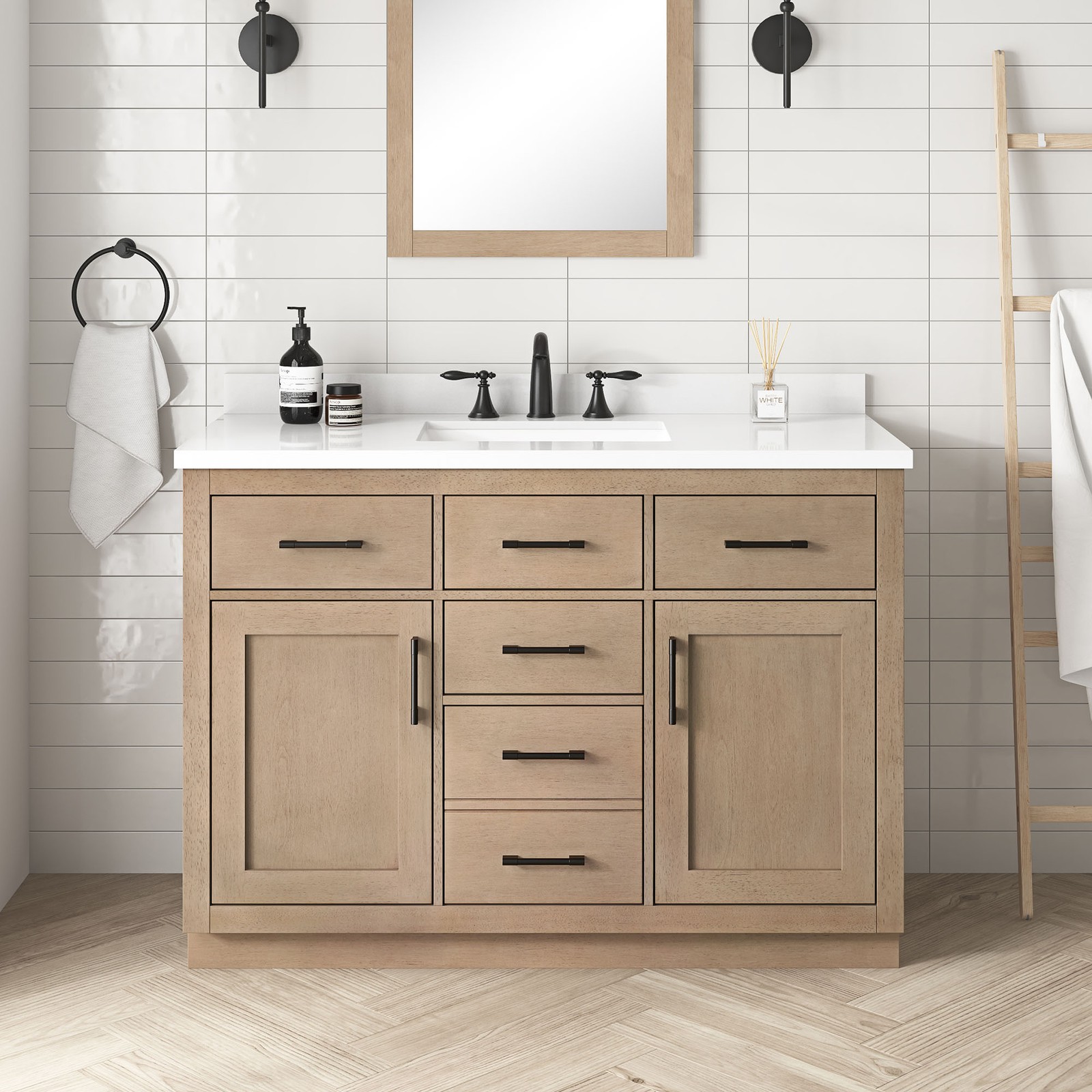 Bailey 48″ Bathroom Vanity in Sahara Birch with White Countertop