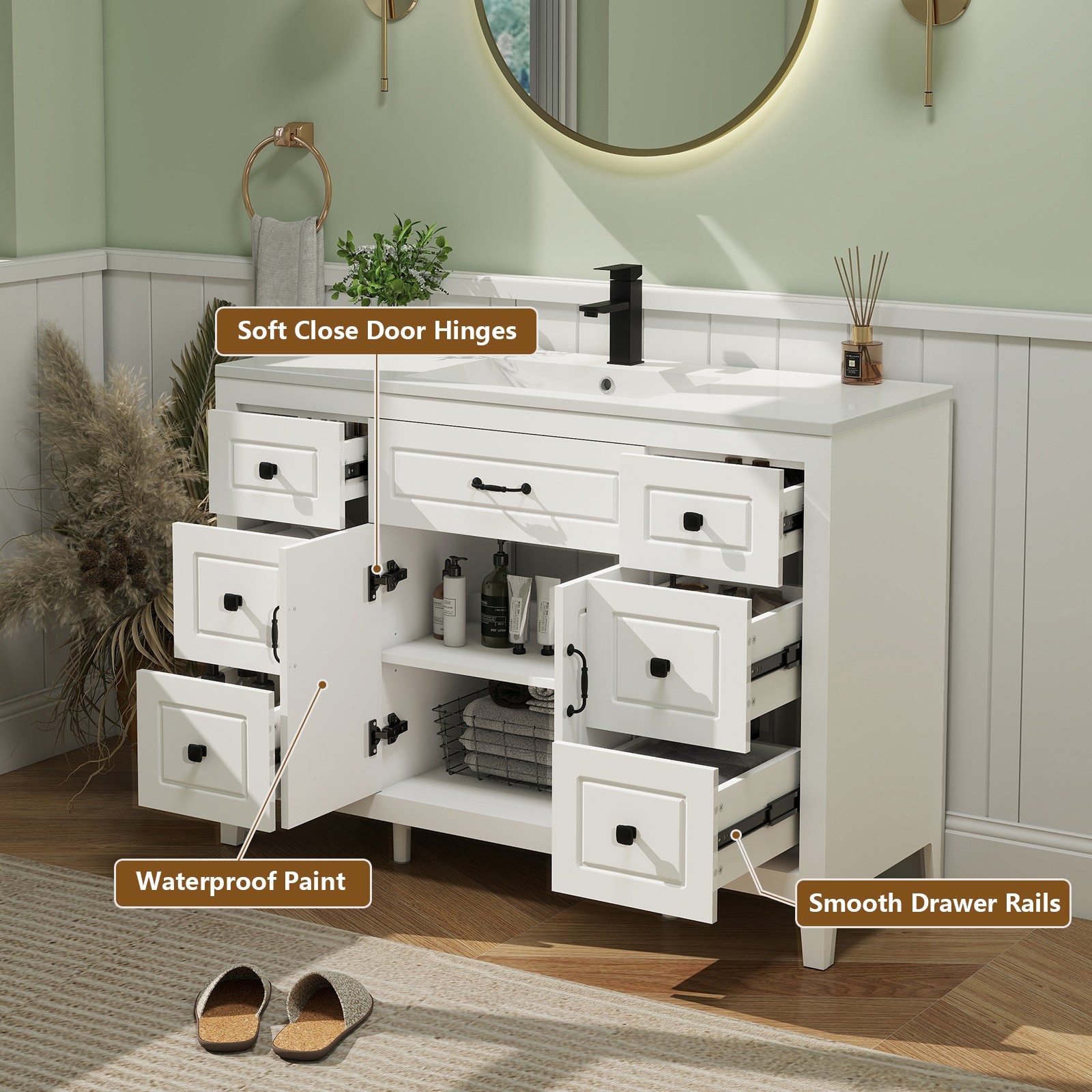 48″ Freestanding Bathroom Vanity Soft-Close 2 Doors 6 Drawers Matte Black Faucet