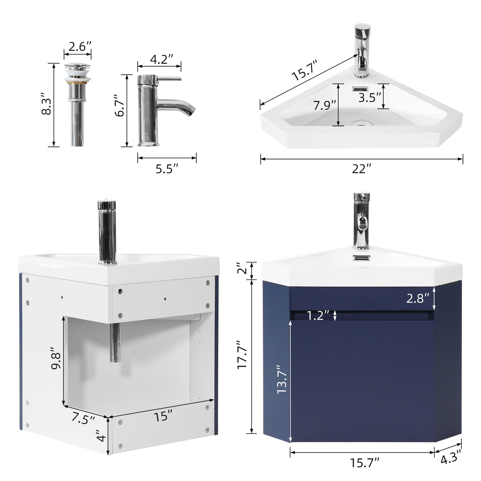 Corner Wall Mounted Bathroom Vanity Floating Cabinet w/Sink for Small Bathroom