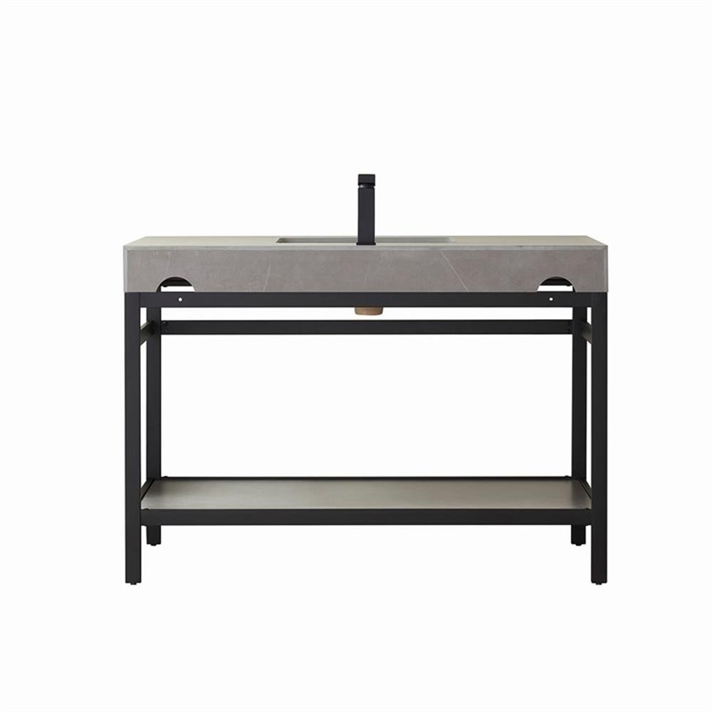 Funes 48″ Single Sink Bathroom Vanity in Matte Black Frame Gray Top No Mirror