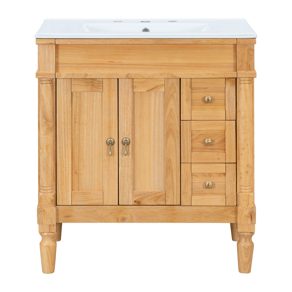 30-Inch Modern Bathroom Vanity, Solid Wood Frame + MDF, 2 Doors 3 Drawers