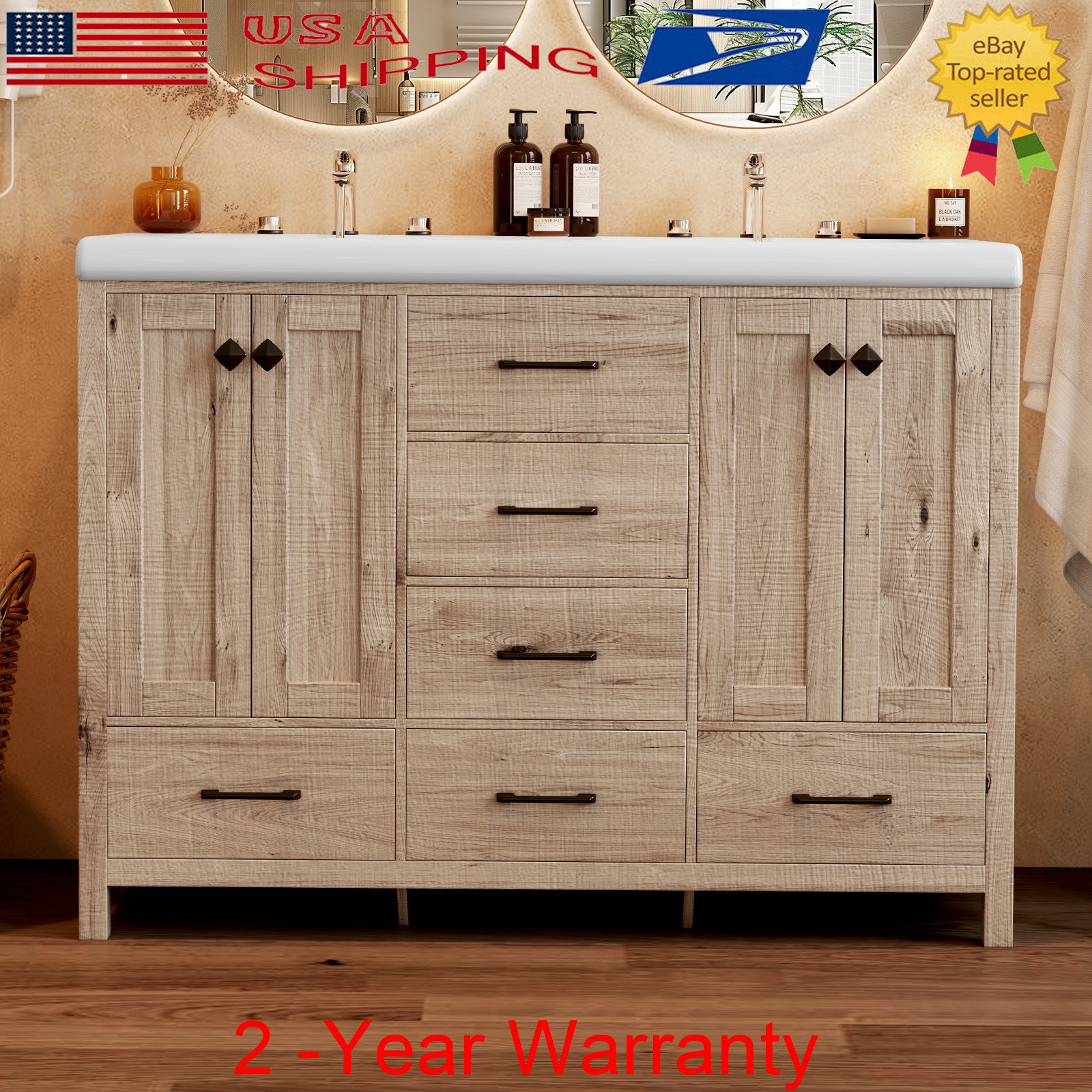 47.3″ Bathroom Vanity Set Double Sink Ceramic Storage Cabinet Drawers Wood Grain
