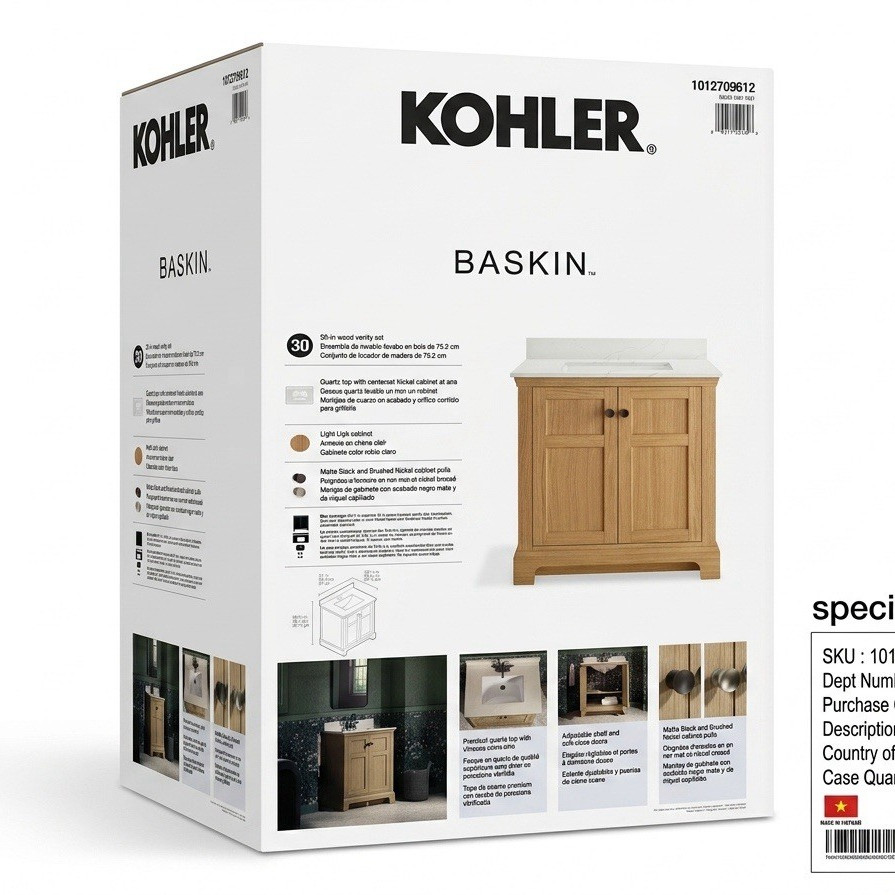 Kohler Baskin 30″ Single Sink Vanity Set, Quartz Top, Light Oak Soft-Close