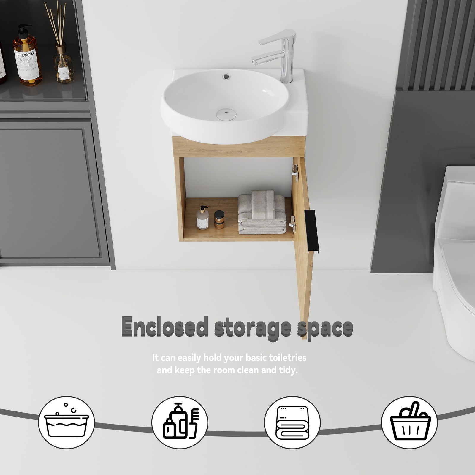 16″ Floating Bathroom Vanity Combo Wall Mounted Plywood Cabinet Oak
