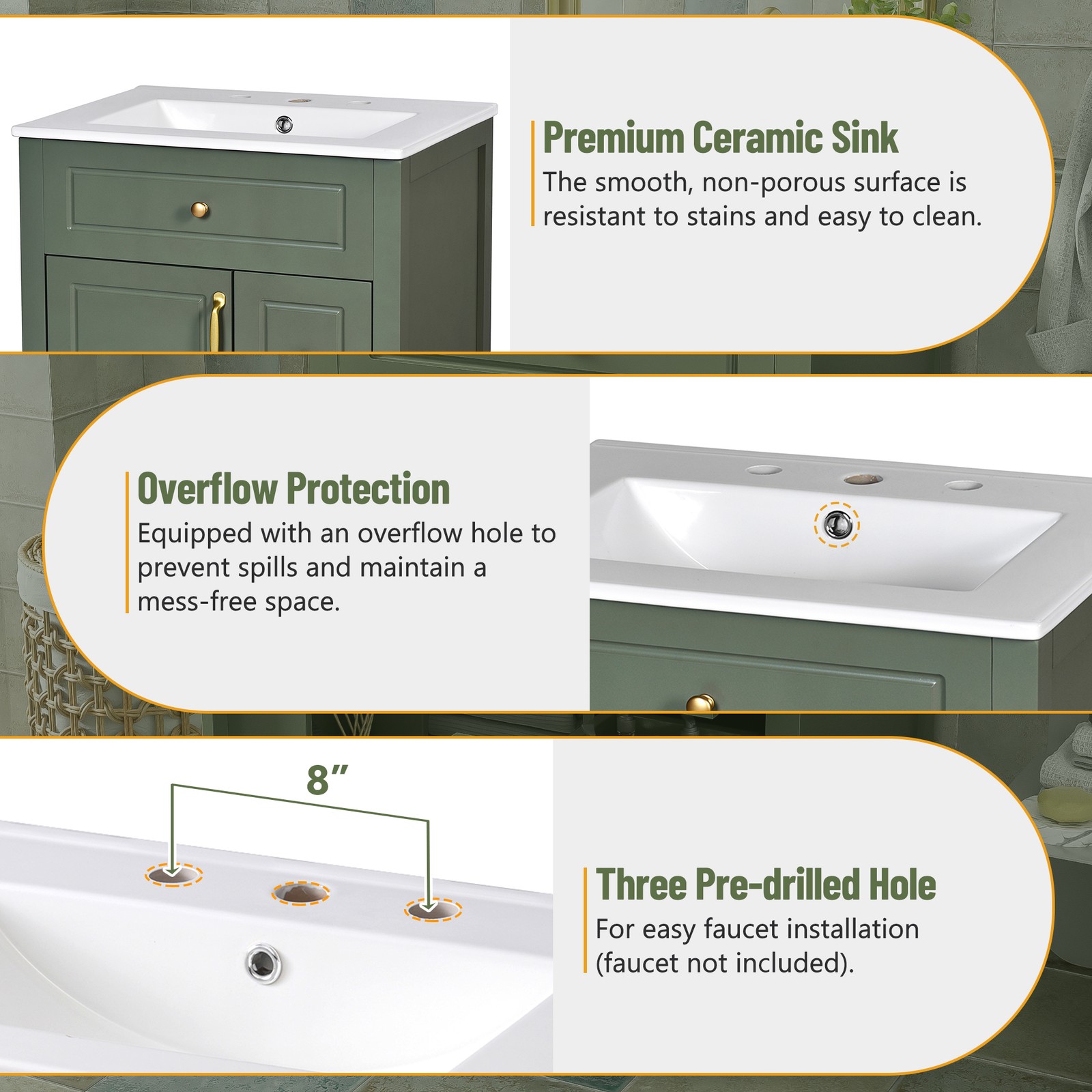24-Inch Bathroom Vanity with Sink Modern Bathroom Cabinet with 2 Drawers 1 Door