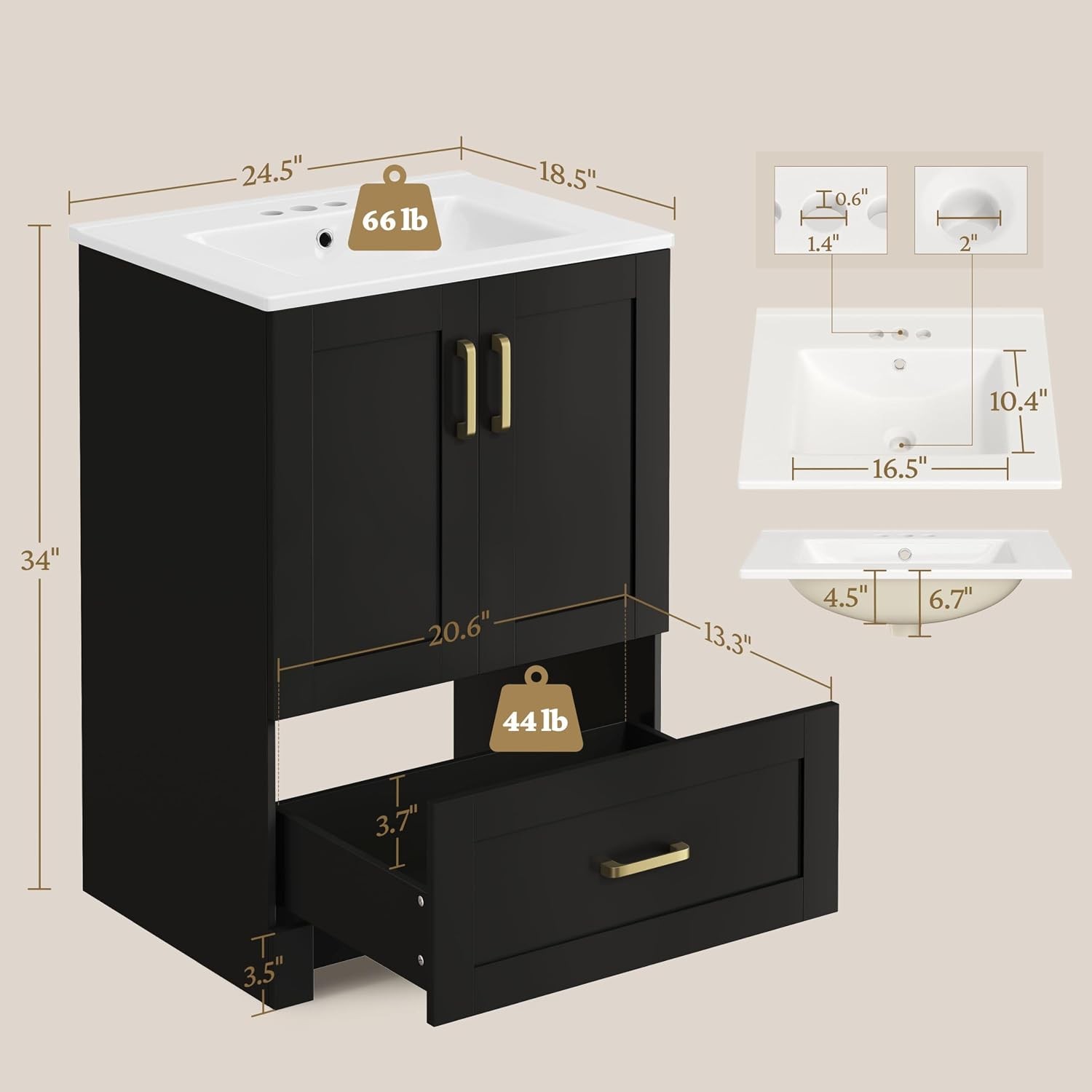 24.5″ Bathroom Vanity with Sink Bathroom Storage Cabinet with 2 Doors & Drawer