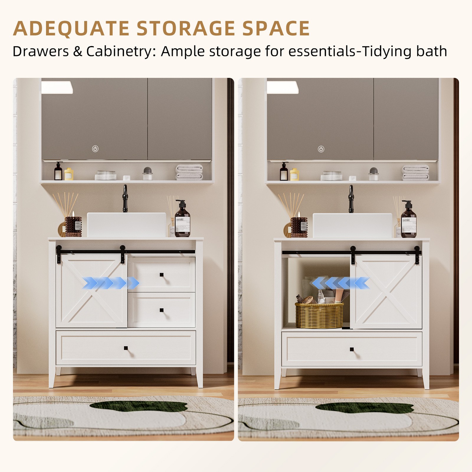 36inch Bathroom Vanity Ceramic Storage Cabinet Sink Organizer Vessel Sink White