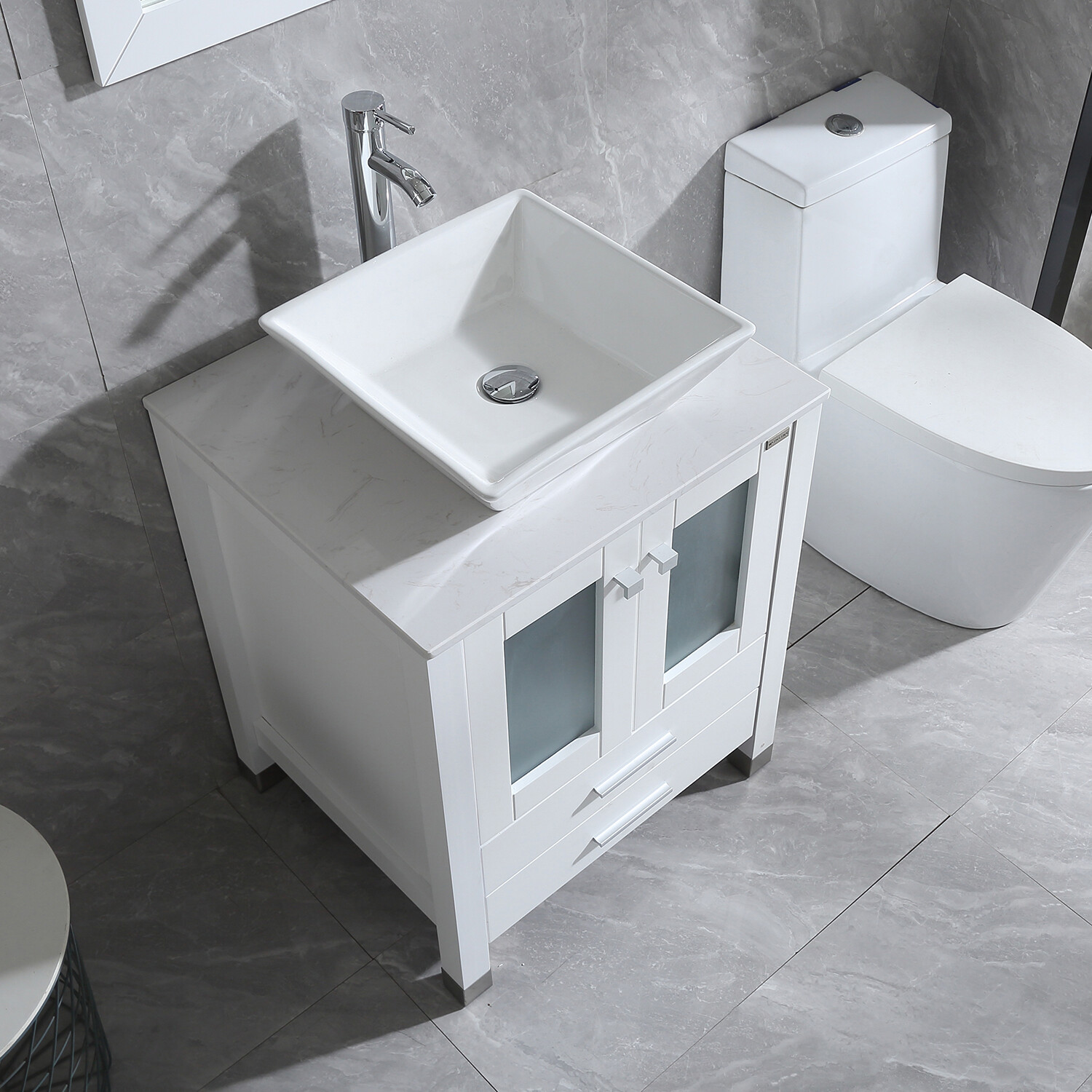 24″ Bathroom Vanity Single Basin Ceramic Sink Set with Faucet Mirror Combo white