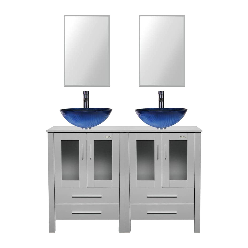 48″ Gray Bathroom Vanity Cabinet Set Vessel Glass Ceramic Sink Faucet No Mirror