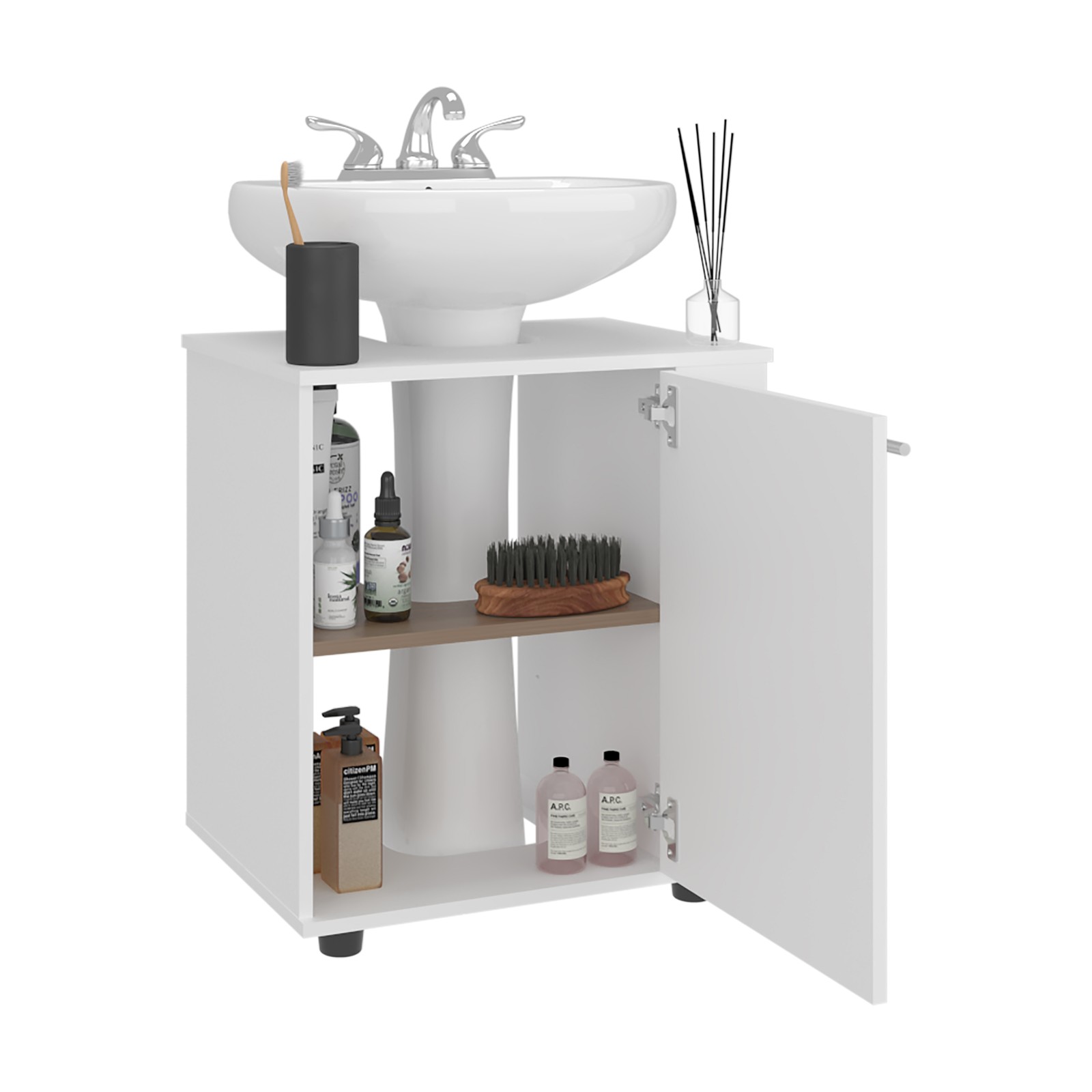 Under Sink Storage 24.4″ H, 1 Door, 2 Shelves, 4 Legs, White – Bathroom