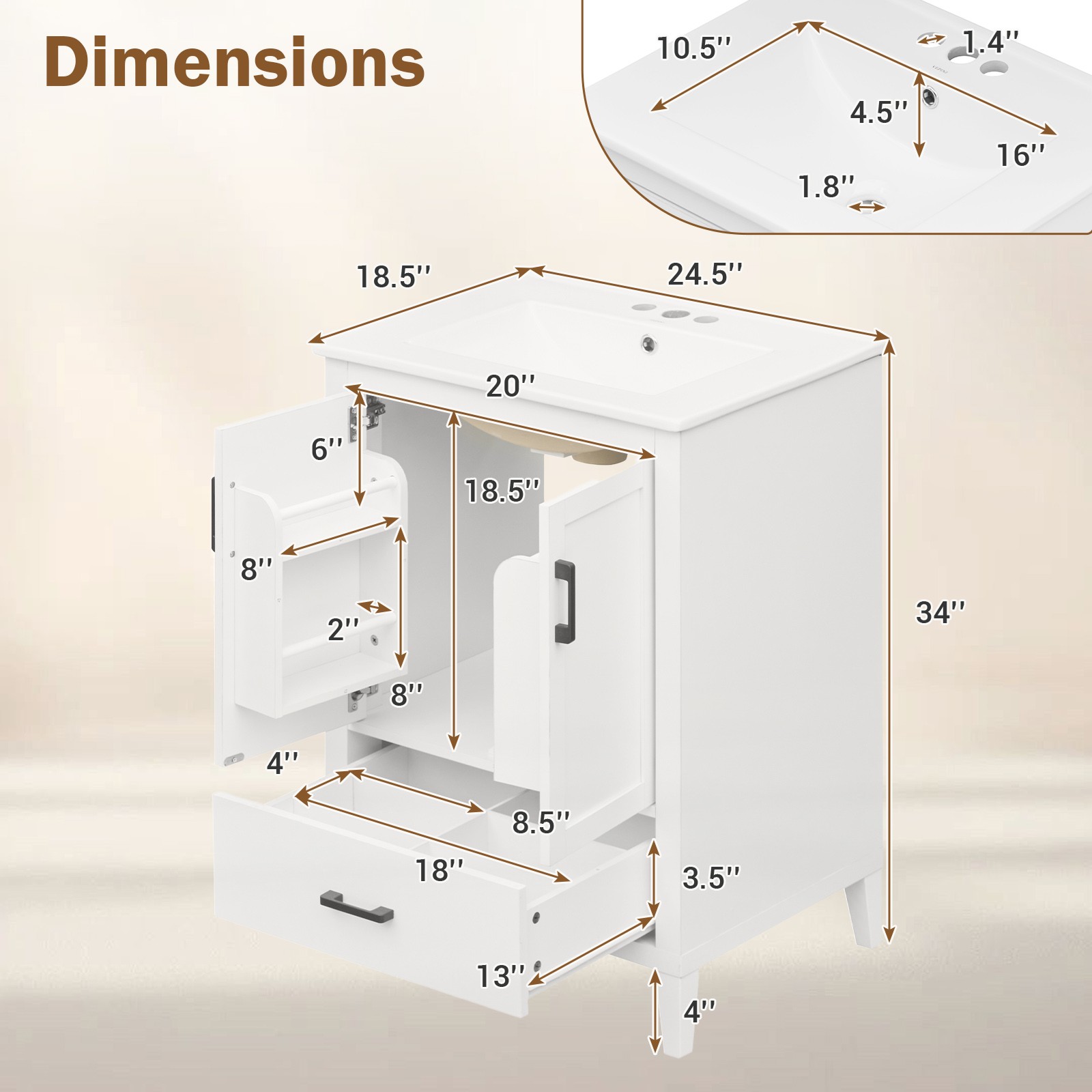 24.5” Modern Bathroom Vanity w/Sink, 2 Doors & Drawer, Rubber Wood Legs, White
